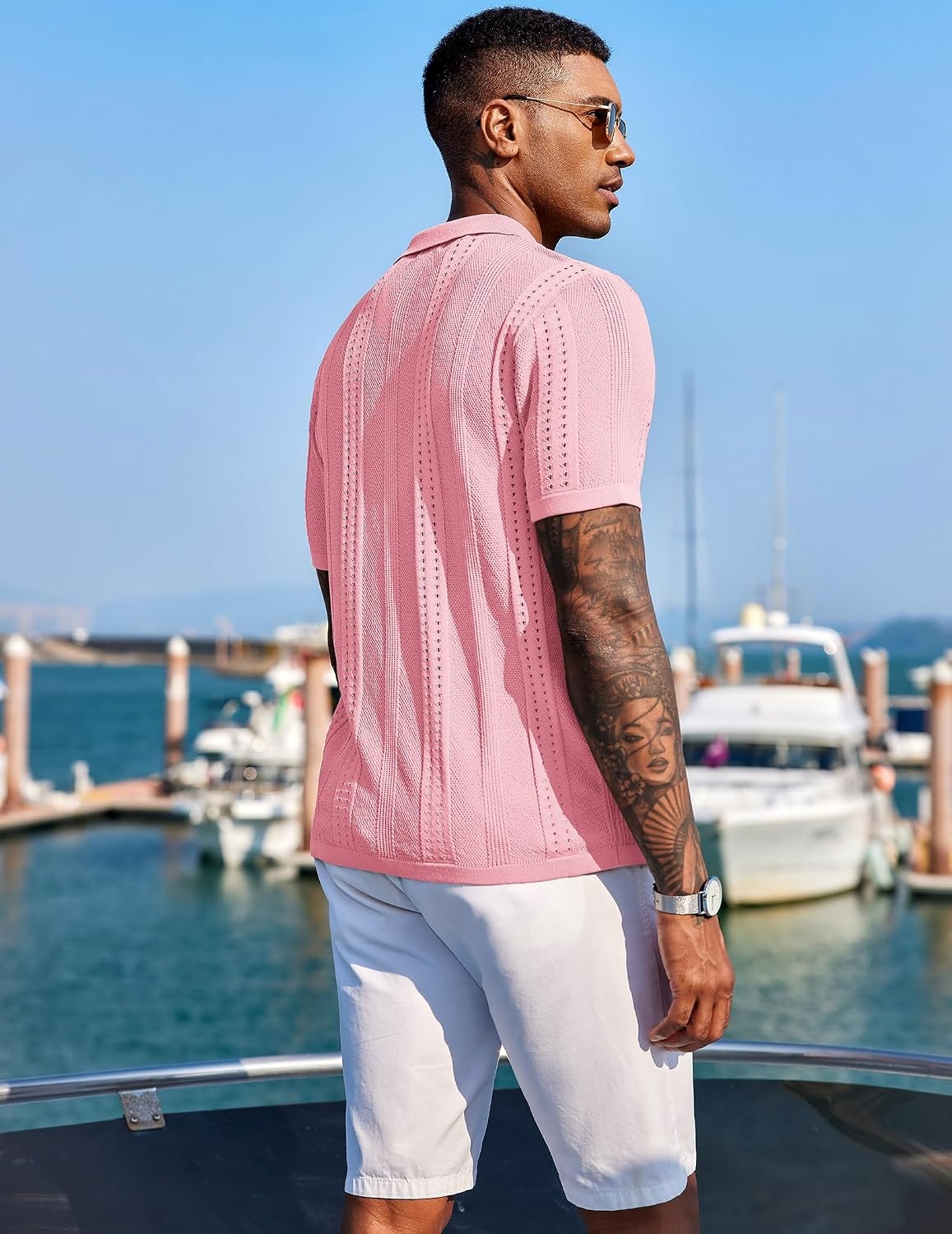 image:imageCOOFANDY Mens Knit Shirts Short Sleeve Button Down Polo Shirt Summer Beach Fashion Knitted Casual Shirt Breathable Hollow Out Lightweight Vacation Season StapleLight Pink