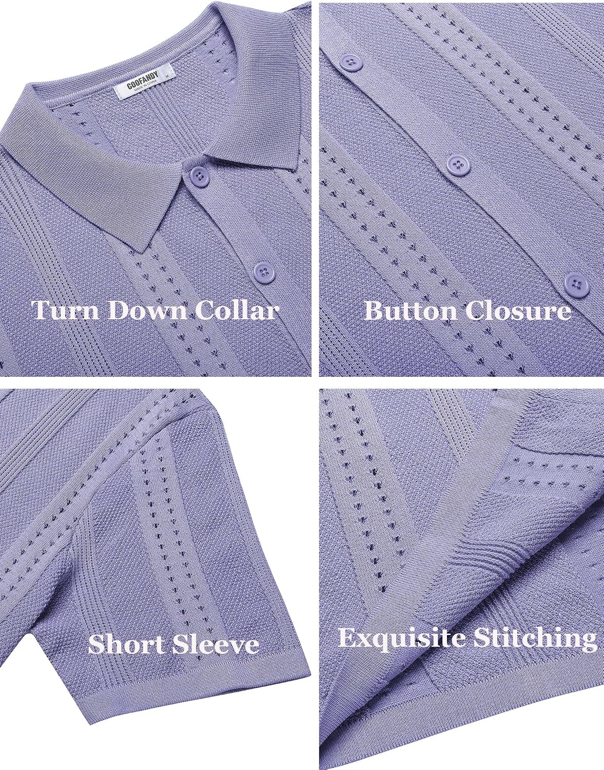 image:imageCOOFANDY Mens Knit Shirts Short Sleeve Button Down Polo Shirt Summer Beach Fashion Knitted Casual Shirt Breathable Hollow Out Lightweight Vacation Season StapleLilac