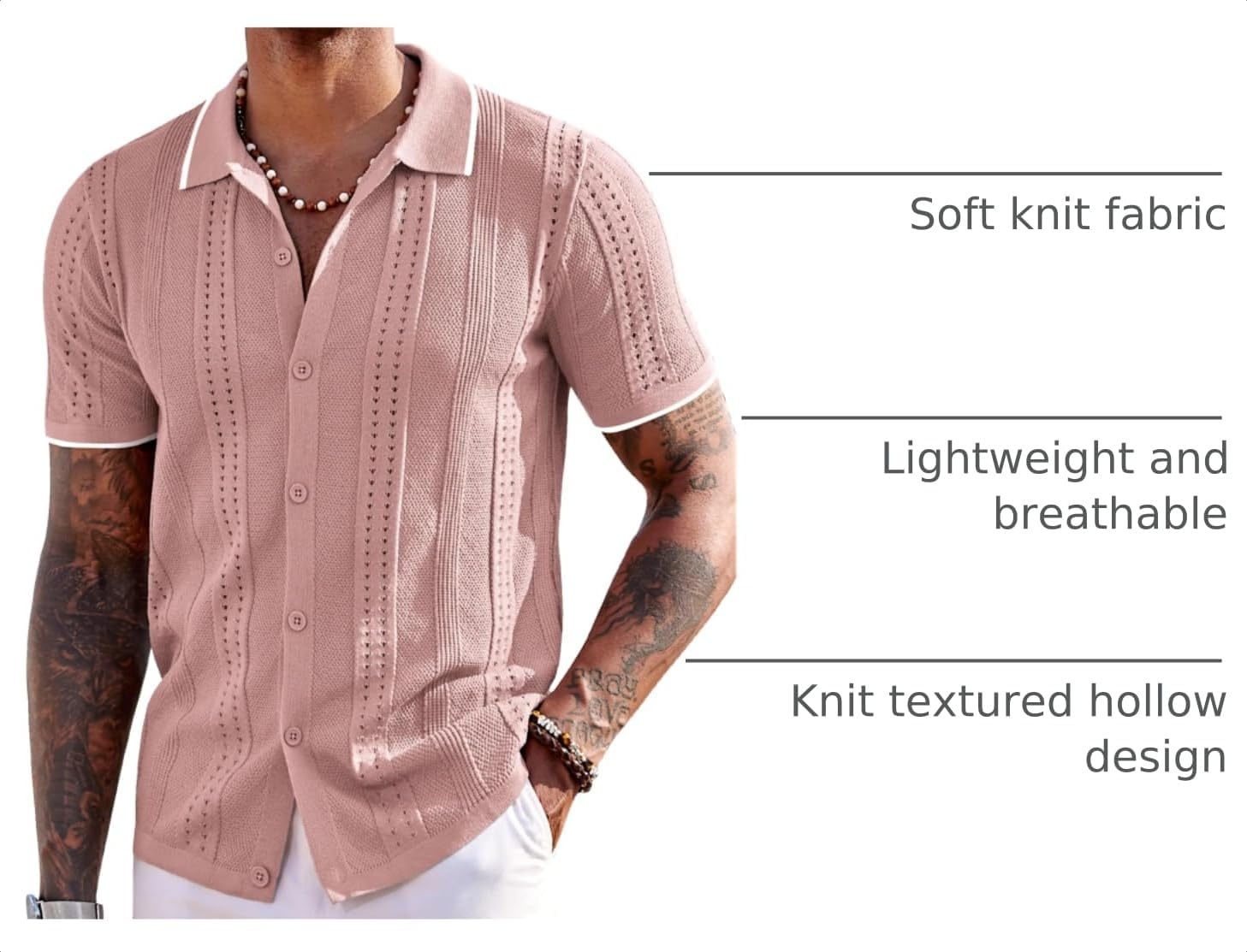 image:imageCOOFANDY Mens Knit Shirts Short Sleeve Button Down Polo Shirt Summer Beach Fashion Knitted Casual Shirt Breathable Hollow Out Lightweight Vacation Season StapleClassic Dusty Pink White