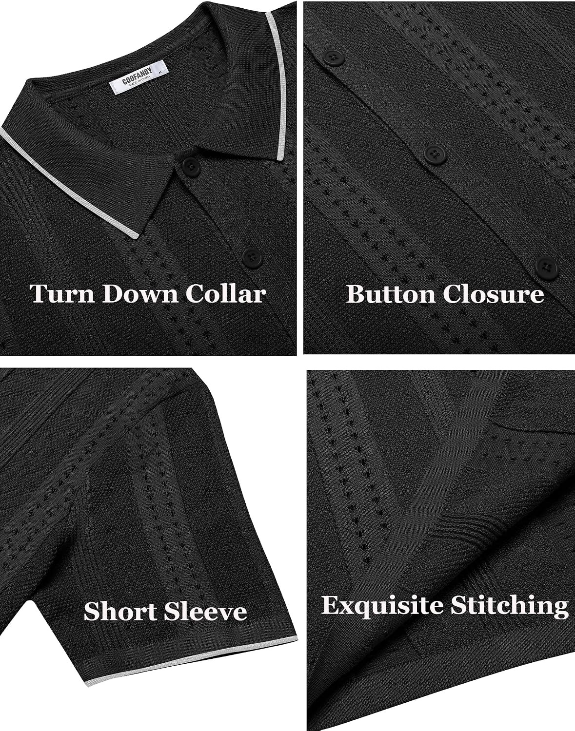 image:imageCOOFANDY Mens Knit Shirts Short Sleeve Button Down Polo Shirt Summer Beach Fashion Knitted Casual Shirt Breathable Hollow Out Lightweight Vacation Season StapleClassic Black White