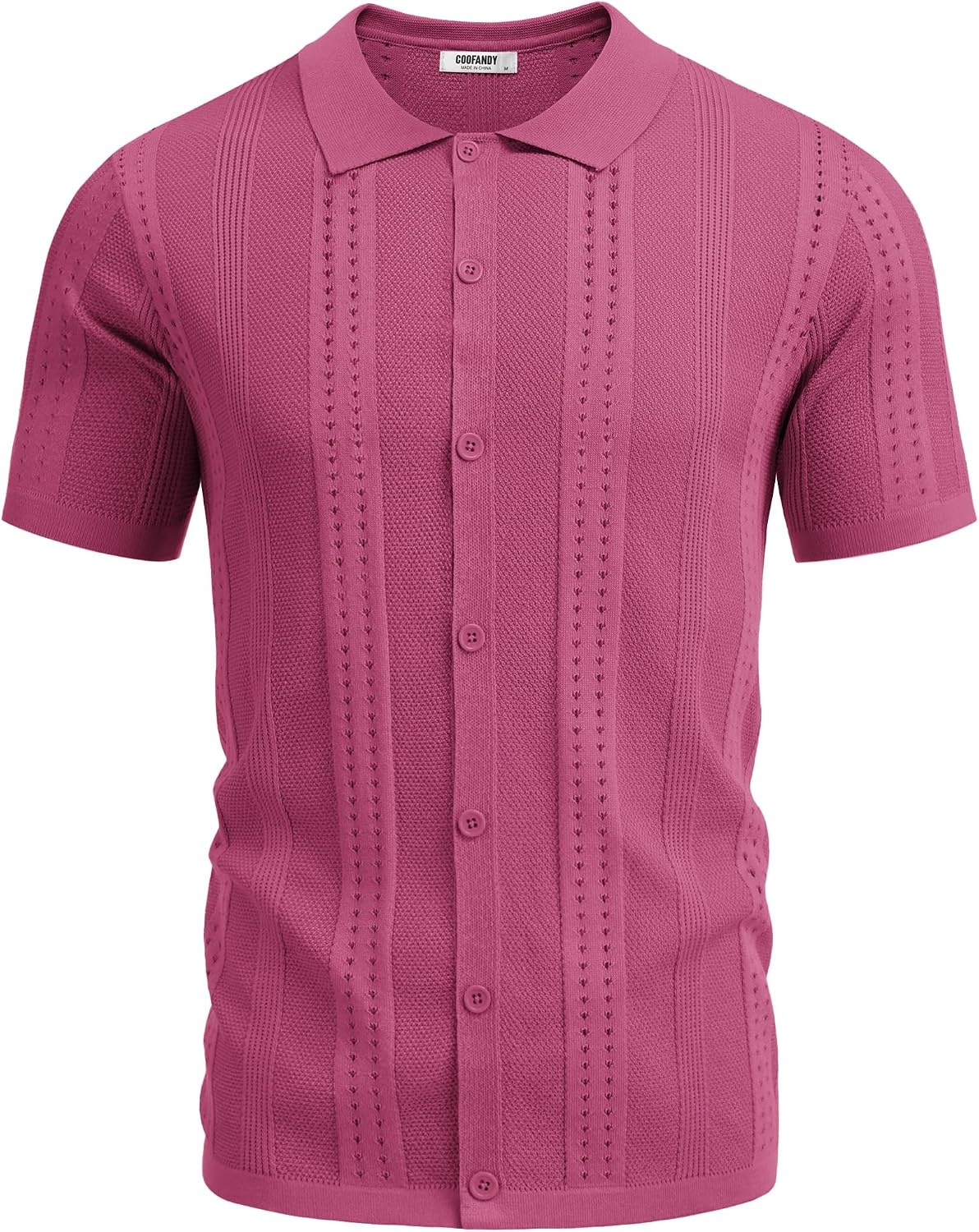 image:imageCOOFANDY Mens Knit Shirts Short Sleeve Button Down Polo Shirt Summer Beach Fashion Knitted Casual Shirt Breathable Hollow Out Lightweight Vacation Season StapleMagenta