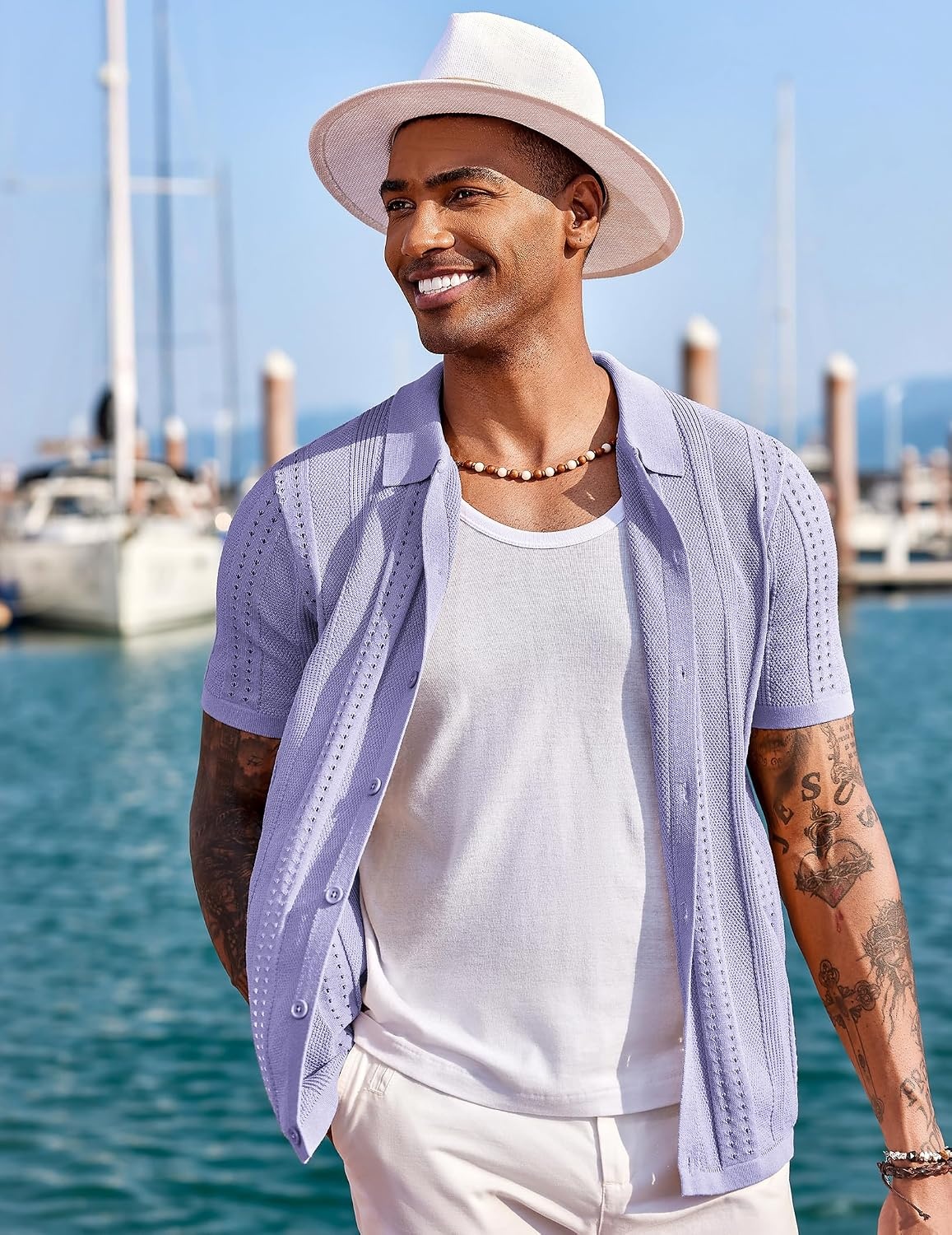 image:imageCOOFANDY Mens Knit Shirts Short Sleeve Button Down Polo Shirt Summer Beach Fashion Knitted Casual Shirt Breathable Hollow Out Lightweight Vacation Season StapleLilac