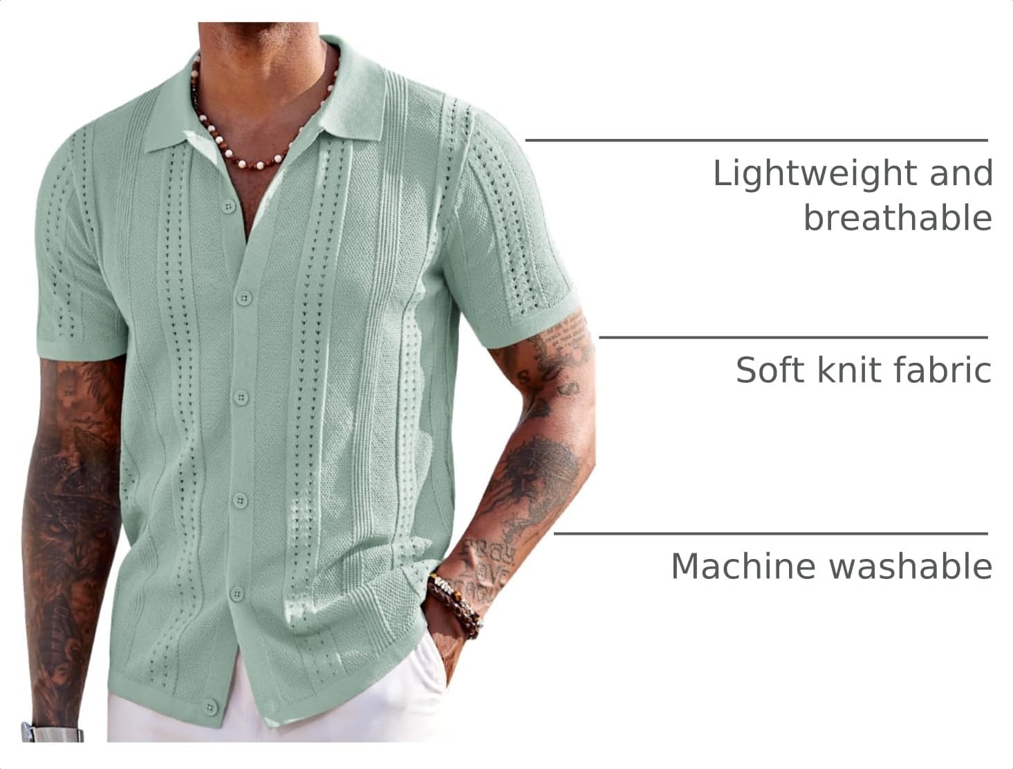 image:imageCOOFANDY Mens Knit Shirts Short Sleeve Button Down Polo Shirt Summer Beach Fashion Knitted Casual Shirt Breathable Hollow Out Lightweight Vacation Season StapleIce Green