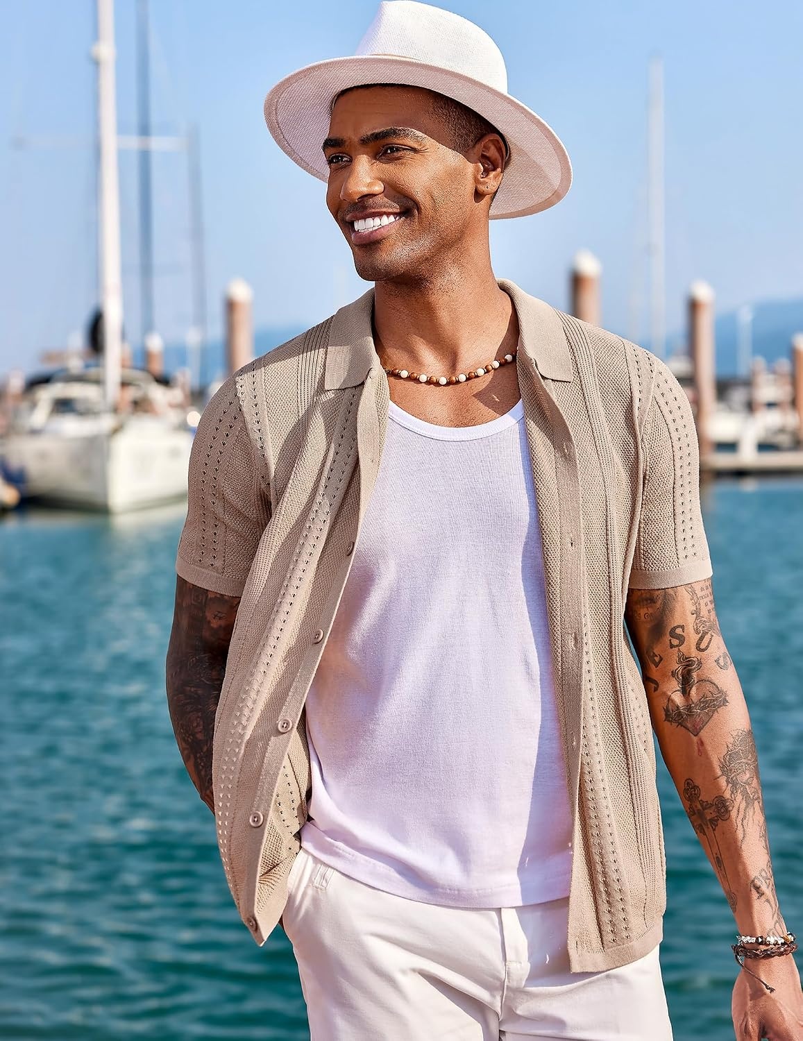 image:imageCOOFANDY Mens Knit Shirts Short Sleeve Button Down Polo Shirt Summer Beach Fashion Knitted Casual Shirt Breathable Hollow Out Lightweight Vacation Season StapleKhaki