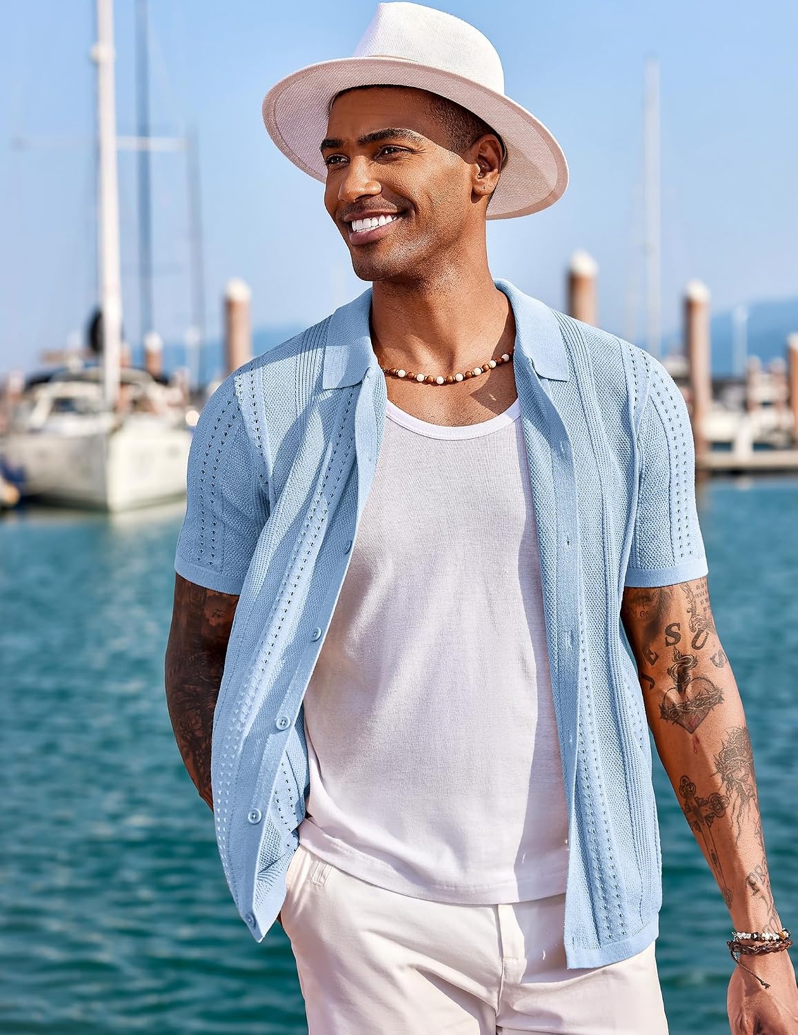image:imageCOOFANDY Mens Knit Shirts Short Sleeve Button Down Polo Shirt Summer Beach Fashion Knitted Casual Shirt Breathable Hollow Out Lightweight Vacation Season StapleLight Blue