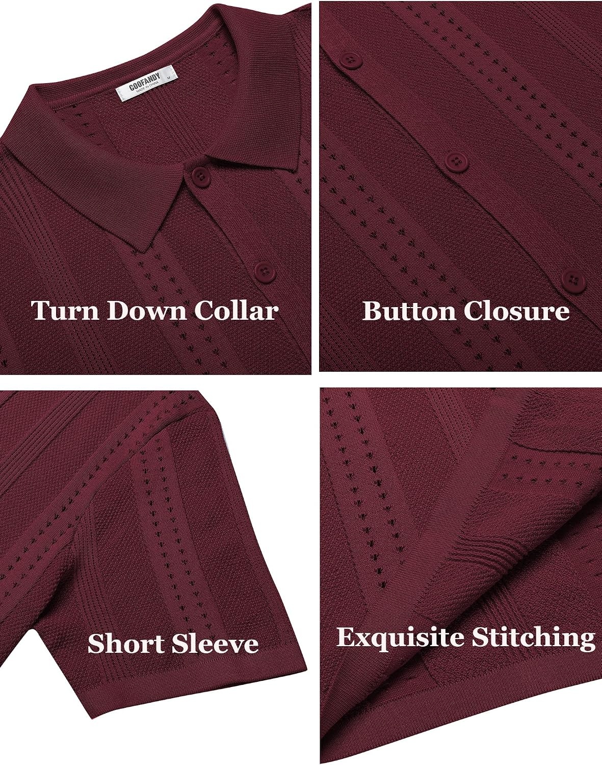 image:imageCOOFANDY Mens Knit Shirts Short Sleeve Button Down Polo Shirt Summer Beach Fashion Knitted Casual Shirt Breathable Hollow Out Lightweight Vacation Season StapleWine Red