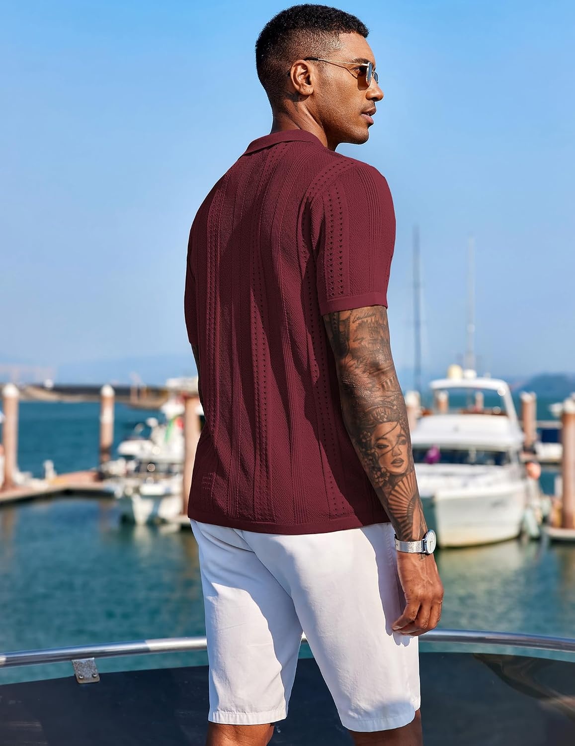 image:imageCOOFANDY Mens Knit Shirts Short Sleeve Button Down Polo Shirt Summer Beach Fashion Knitted Casual Shirt Breathable Hollow Out Lightweight Vacation Season StapleWine Red