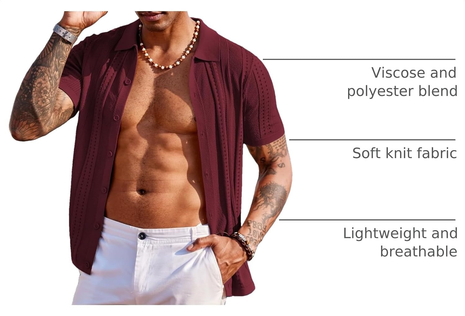 image:imageCOOFANDY Mens Knit Shirts Short Sleeve Button Down Polo Shirt Summer Beach Fashion Knitted Casual Shirt Breathable Hollow Out Lightweight Vacation Season StapleWine Red