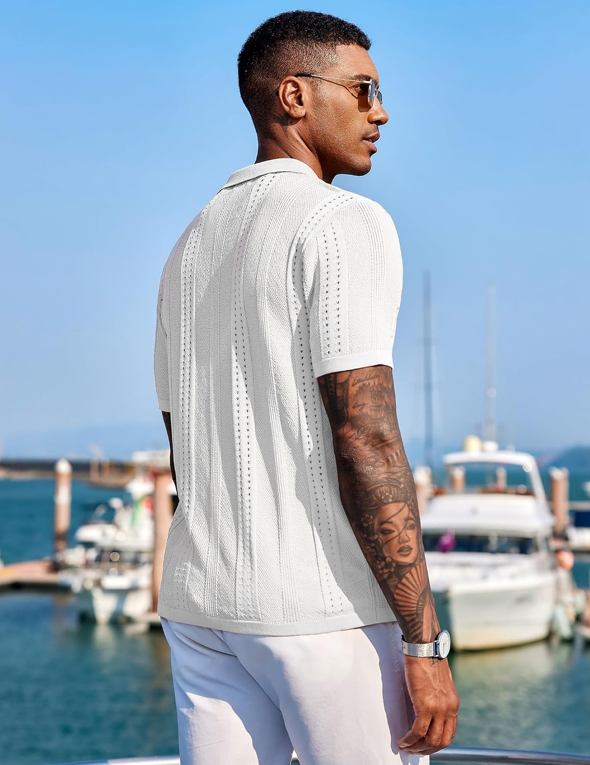 image:imageCOOFANDY Mens Knit Shirts Short Sleeve Button Down Polo Shirt Summer Beach Fashion Knitted Casual Shirt Breathable Hollow Out Lightweight Vacation Season StapleWhite