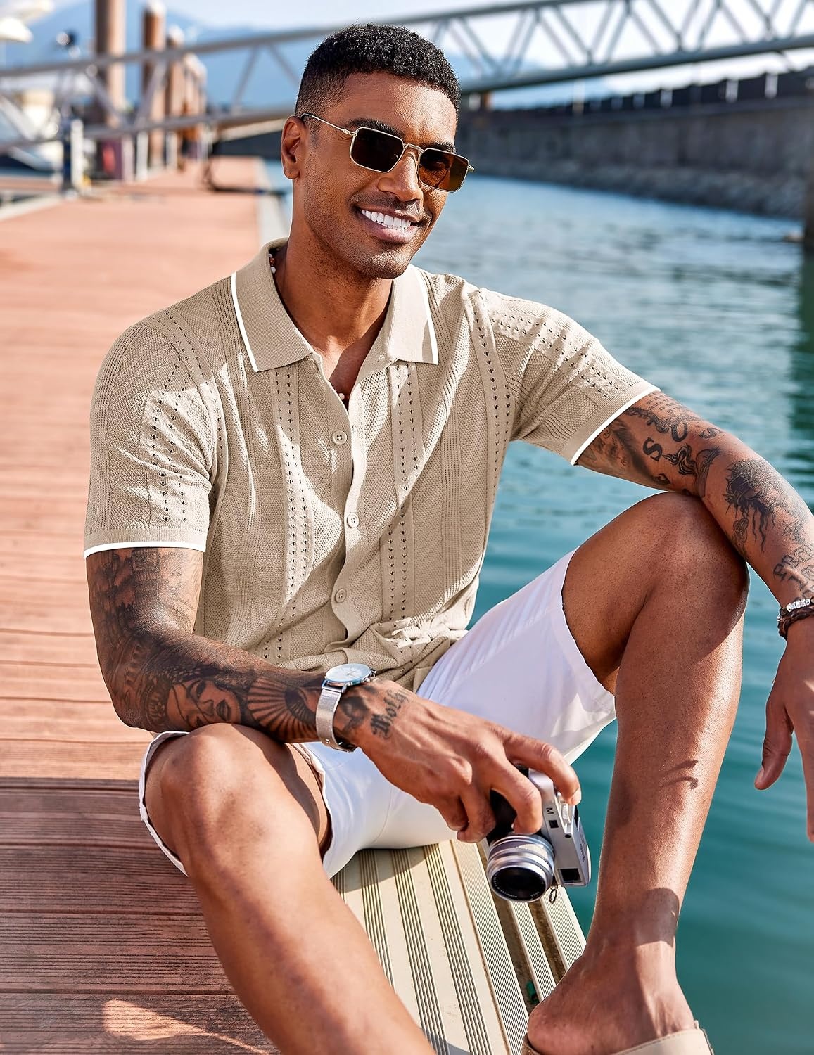 image:imageCOOFANDY Mens Knit Shirts Short Sleeve Button Down Polo Shirt Summer Beach Fashion Knitted Casual Shirt Breathable Hollow Out Lightweight Vacation Season StapleClassic Apricot White