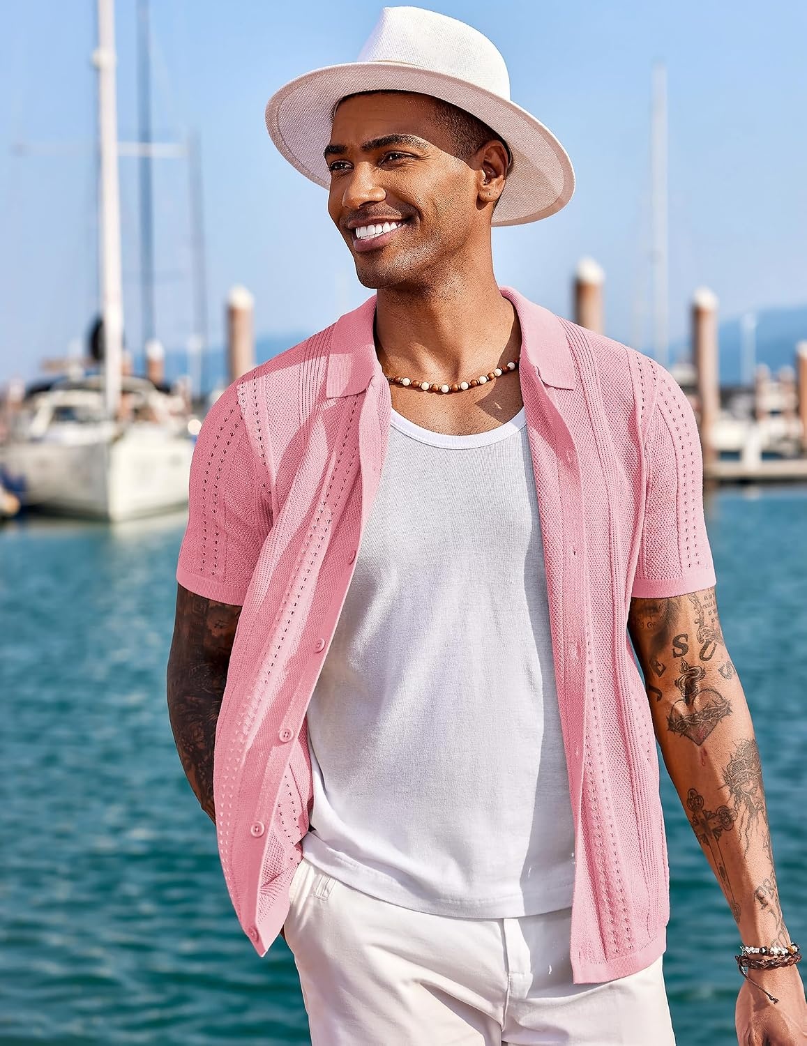 image:imageCOOFANDY Mens Knit Shirts Short Sleeve Button Down Polo Shirt Summer Beach Fashion Knitted Casual Shirt Breathable Hollow Out Lightweight Vacation Season StapleLight Pink