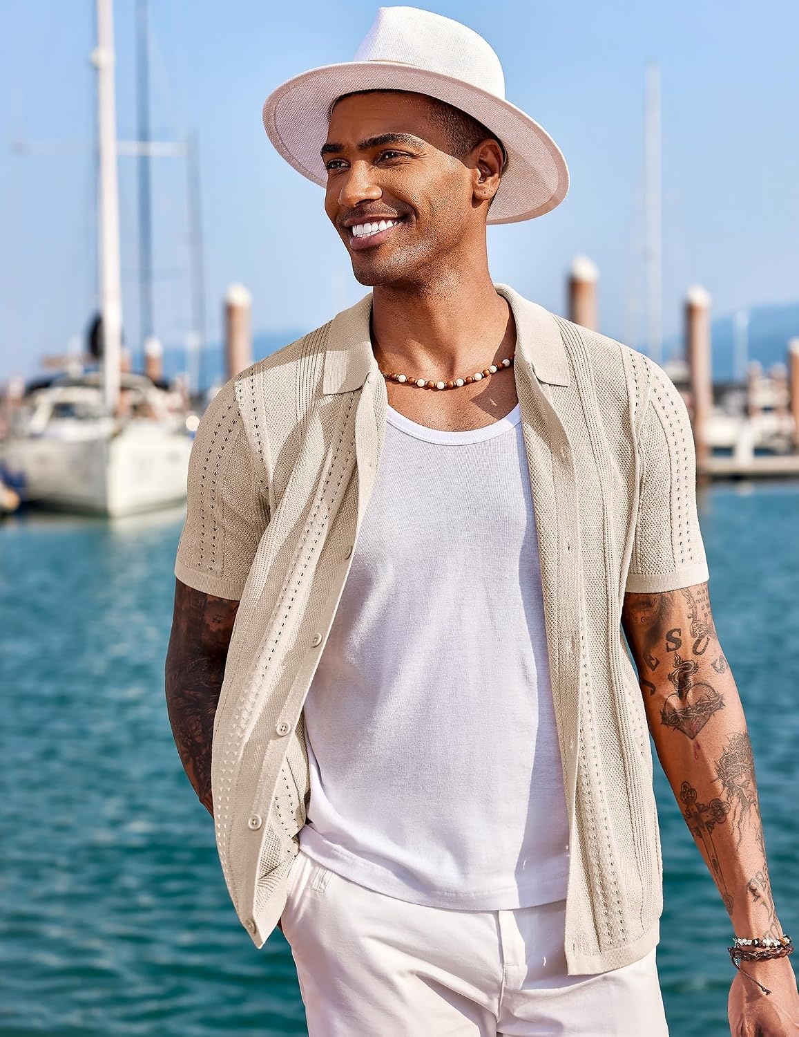 image:imageCOOFANDY Mens Knit Shirts Short Sleeve Button Down Polo Shirt Summer Beach Fashion Knitted Casual Shirt Breathable Hollow Out Lightweight Vacation Season StapleApricot