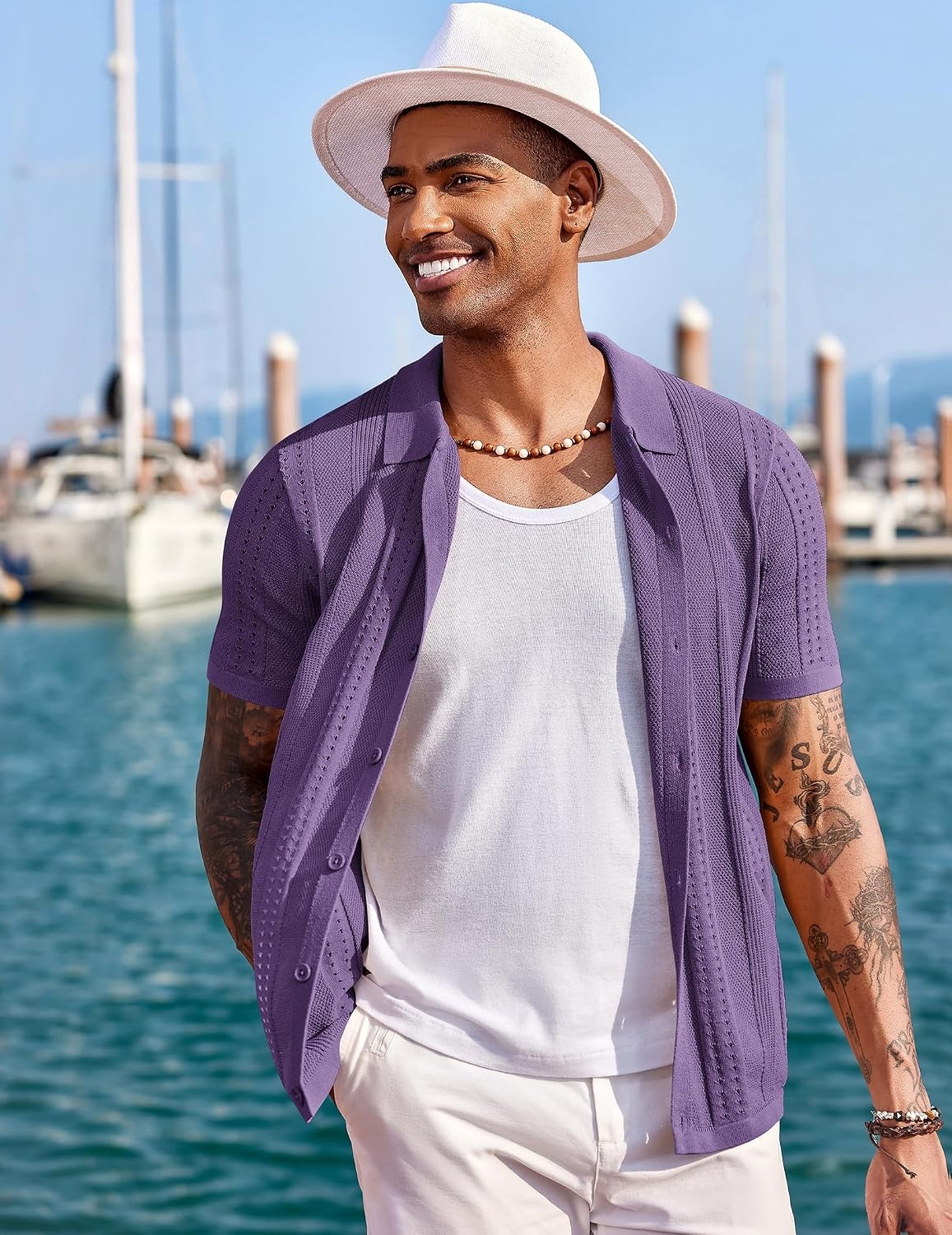 image:imageCOOFANDY Mens Knit Shirts Short Sleeve Button Down Polo Shirt Summer Beach Fashion Knitted Casual Shirt Breathable Hollow Out Lightweight Vacation Season StaplePurple