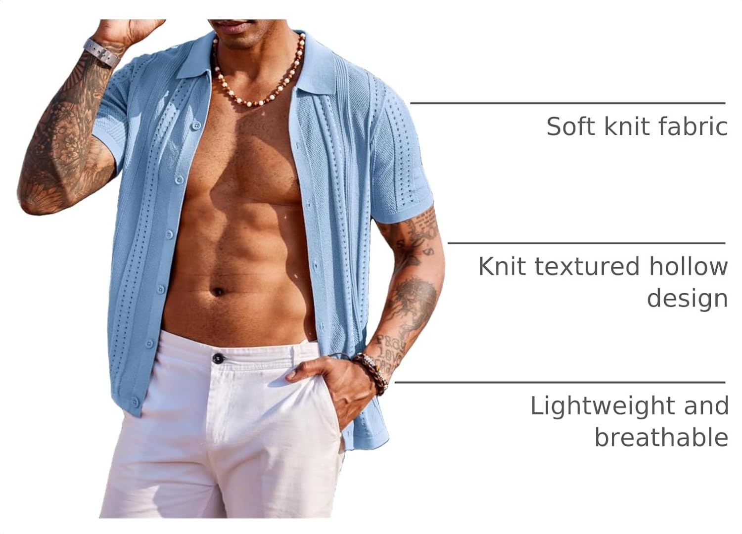 image:imageCOOFANDY Mens Knit Shirts Short Sleeve Button Down Polo Shirt Summer Beach Fashion Knitted Casual Shirt Breathable Hollow Out Lightweight Vacation Season StapleLight Blue