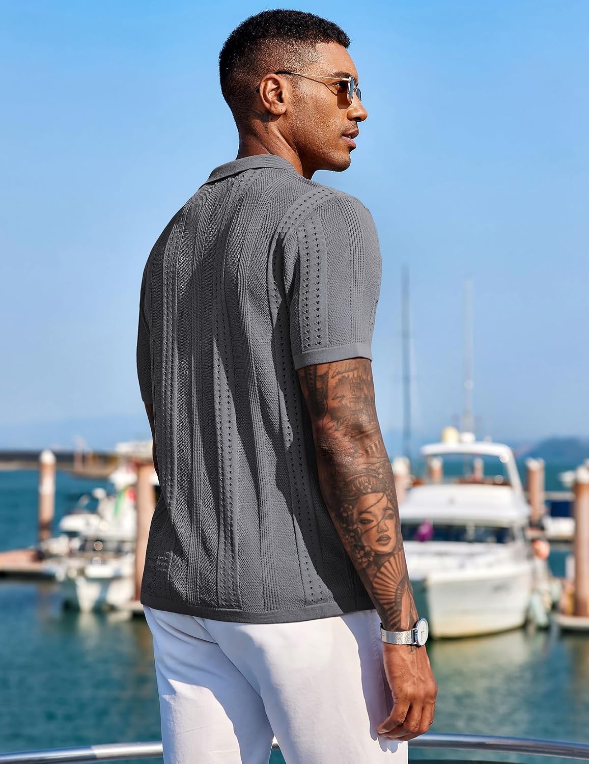 image:imageCOOFANDY Mens Knit Shirts Short Sleeve Button Down Polo Shirt Summer Beach Fashion Knitted Casual Shirt Breathable Hollow Out Lightweight Vacation Season StapleDark Grey
