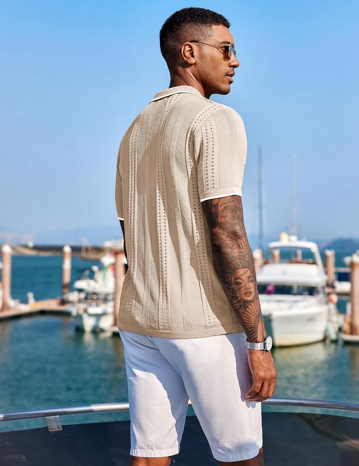 image:imageCOOFANDY Mens Knit Shirts Short Sleeve Button Down Polo Shirt Summer Beach Fashion Knitted Casual Shirt Breathable Hollow Out Lightweight Vacation Season StapleClassic Apricot White