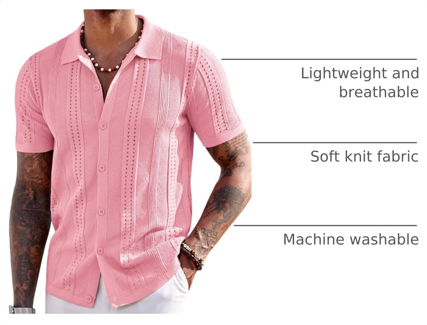 image:imageCOOFANDY Mens Knit Shirts Short Sleeve Button Down Polo Shirt Summer Beach Fashion Knitted Casual Shirt Breathable Hollow Out Lightweight Vacation Season StapleLight Pink