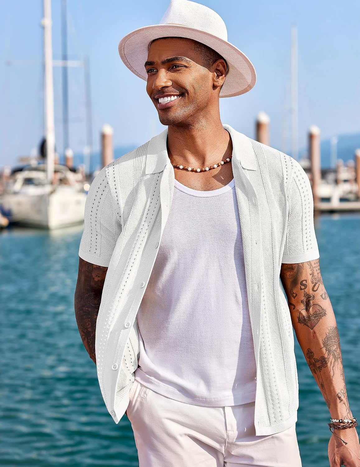 image:imageCOOFANDY Mens Knit Shirts Short Sleeve Button Down Polo Shirt Summer Beach Fashion Knitted Casual Shirt Breathable Hollow Out Lightweight Vacation Season StapleWhite