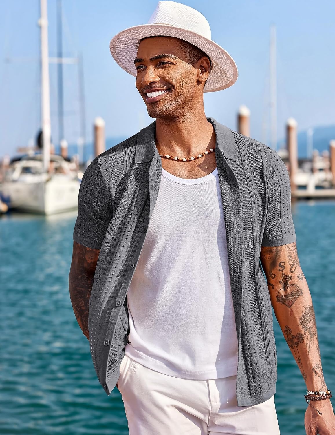 image:imageCOOFANDY Mens Knit Shirts Short Sleeve Button Down Polo Shirt Summer Beach Fashion Knitted Casual Shirt Breathable Hollow Out Lightweight Vacation Season StapleDark Grey