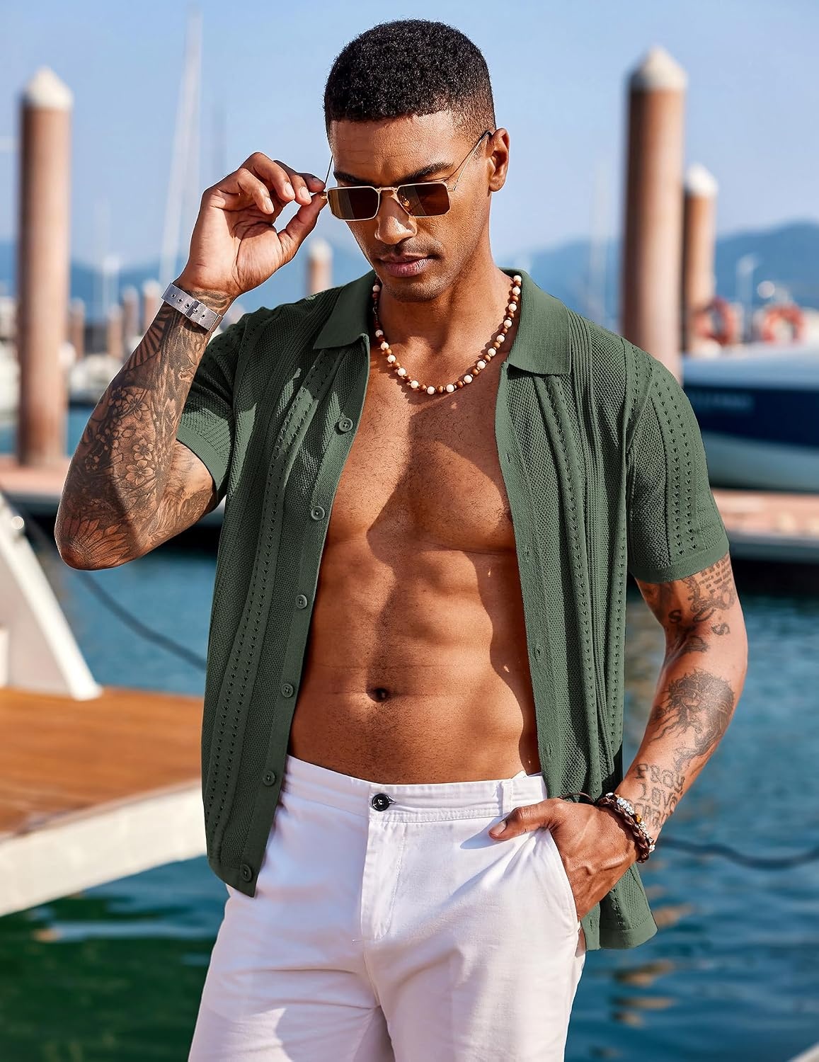 image:imageCOOFANDY Mens Knit Shirts Short Sleeve Button Down Polo Shirt Summer Beach Fashion Knitted Casual Shirt Breathable Hollow Out Lightweight Vacation Season StapleArmy Green