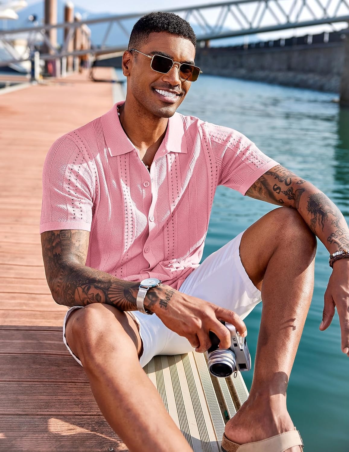image:imageCOOFANDY Mens Knit Shirts Short Sleeve Button Down Polo Shirt Summer Beach Fashion Knitted Casual Shirt Breathable Hollow Out Lightweight Vacation Season StapleLight Pink
