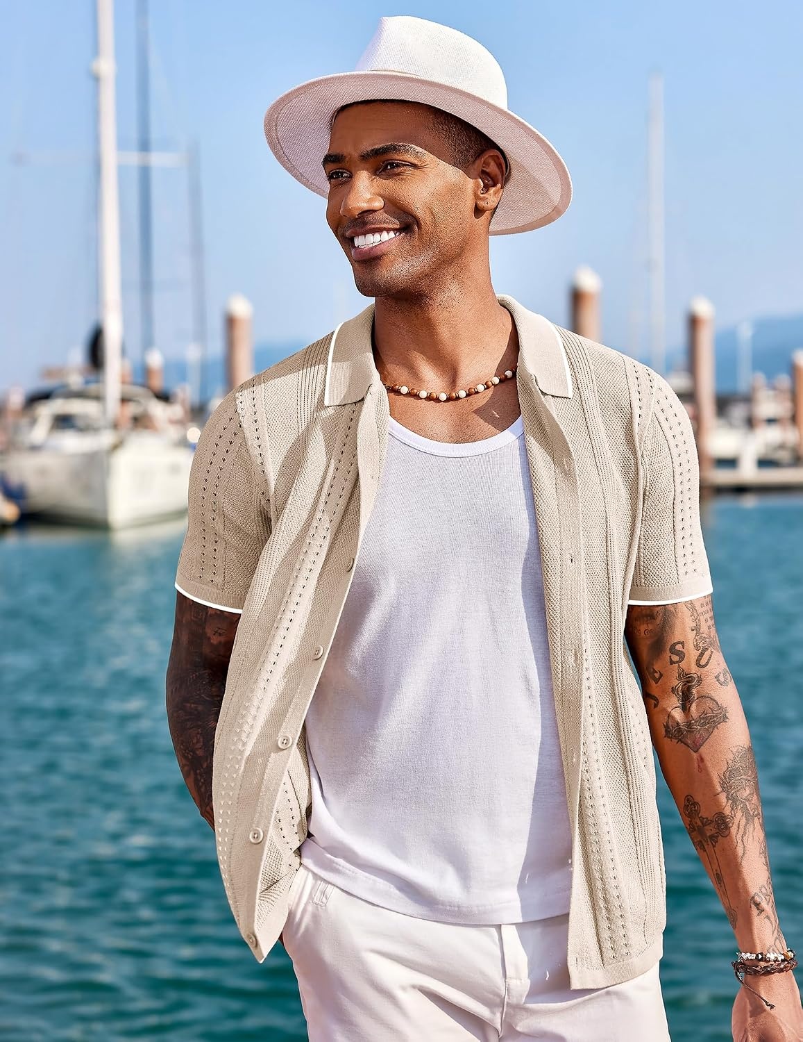 image:imageCOOFANDY Mens Knit Shirts Short Sleeve Button Down Polo Shirt Summer Beach Fashion Knitted Casual Shirt Breathable Hollow Out Lightweight Vacation Season StapleClassic Apricot White