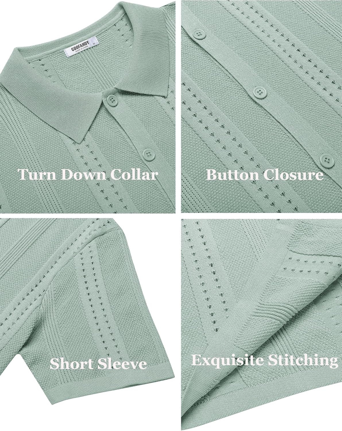 image:imageCOOFANDY Mens Knit Shirts Short Sleeve Button Down Polo Shirt Summer Beach Fashion Knitted Casual Shirt Breathable Hollow Out Lightweight Vacation Season StapleIce Green