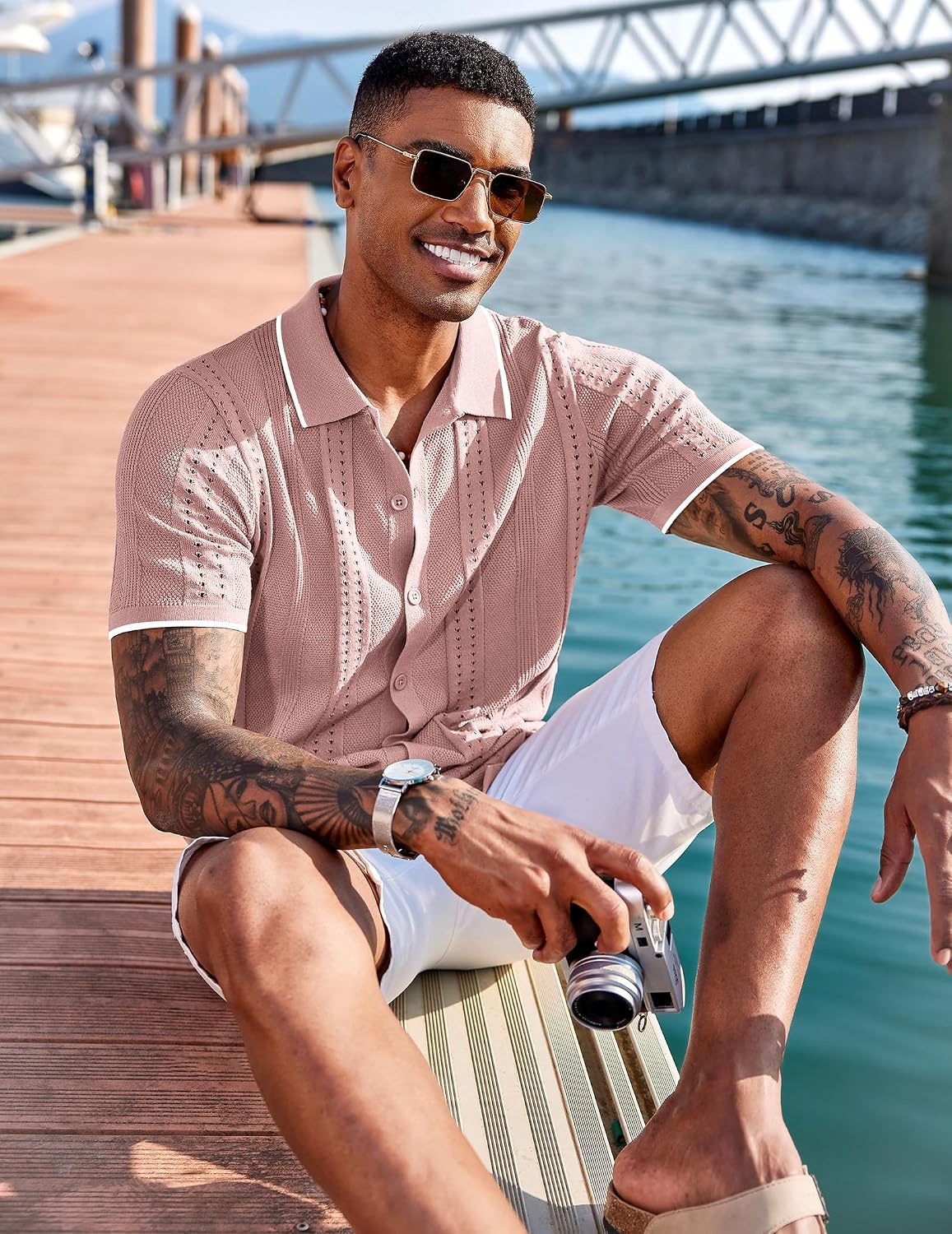 image:imageCOOFANDY Mens Knit Shirts Short Sleeve Button Down Polo Shirt Summer Beach Fashion Knitted Casual Shirt Breathable Hollow Out Lightweight Vacation Season StapleClassic Dusty Pink White