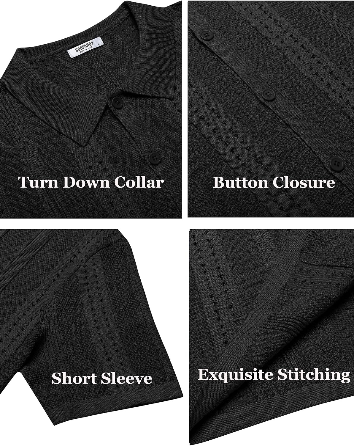 image:imageCOOFANDY Mens Knit Shirts Short Sleeve Button Down Polo Shirt Summer Beach Fashion Knitted Casual Shirt Breathable Hollow Out Lightweight Vacation Season StapleBlack