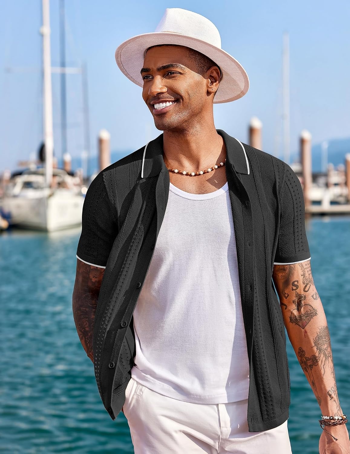 image:imageCOOFANDY Mens Knit Shirts Short Sleeve Button Down Polo Shirt Summer Beach Fashion Knitted Casual Shirt Breathable Hollow Out Lightweight Vacation Season StapleClassic Black White
