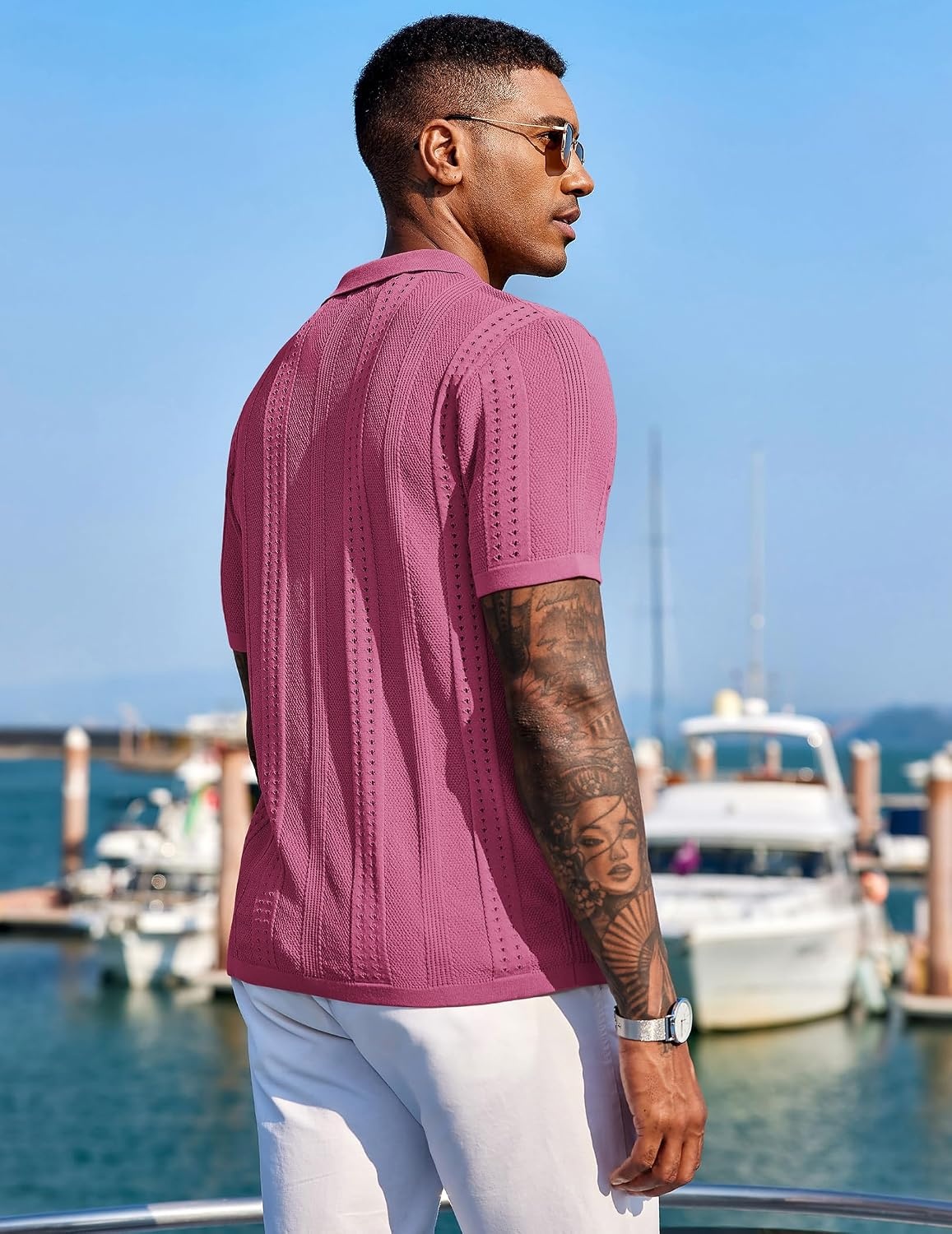 image:imageCOOFANDY Mens Knit Shirts Short Sleeve Button Down Polo Shirt Summer Beach Fashion Knitted Casual Shirt Breathable Hollow Out Lightweight Vacation Season StapleMagenta