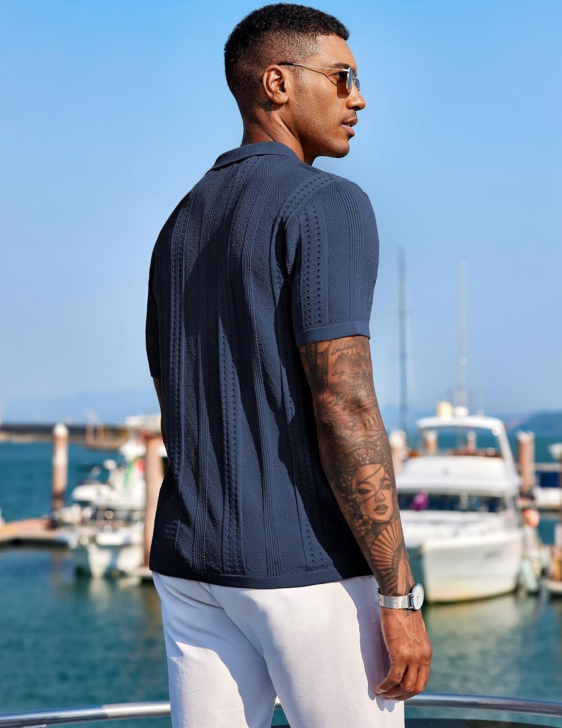 image:imageCOOFANDY Mens Knit Shirts Short Sleeve Button Down Polo Shirt Summer Beach Fashion Knitted Casual Shirt Breathable Hollow Out Lightweight Vacation Season StapleNavy Blue