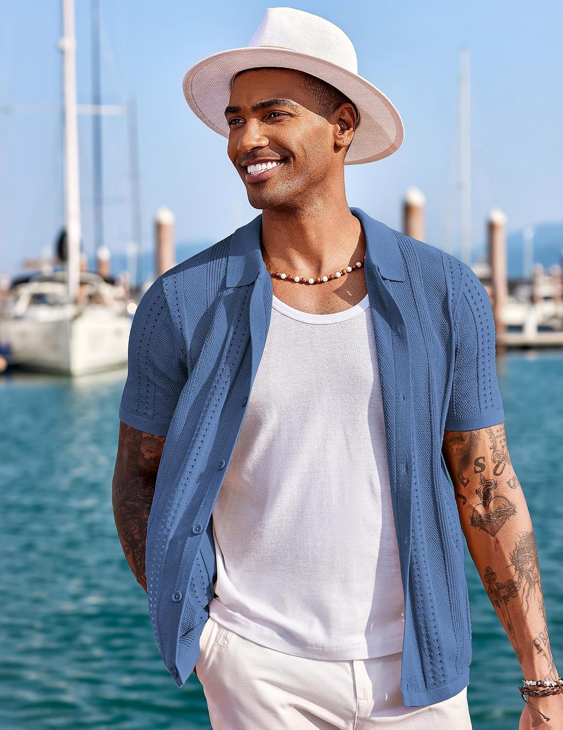 image:imageCOOFANDY Mens Knit Shirts Short Sleeve Button Down Polo Shirt Summer Beach Fashion Knitted Casual Shirt Breathable Hollow Out Lightweight Vacation Season StapleDenim Blue