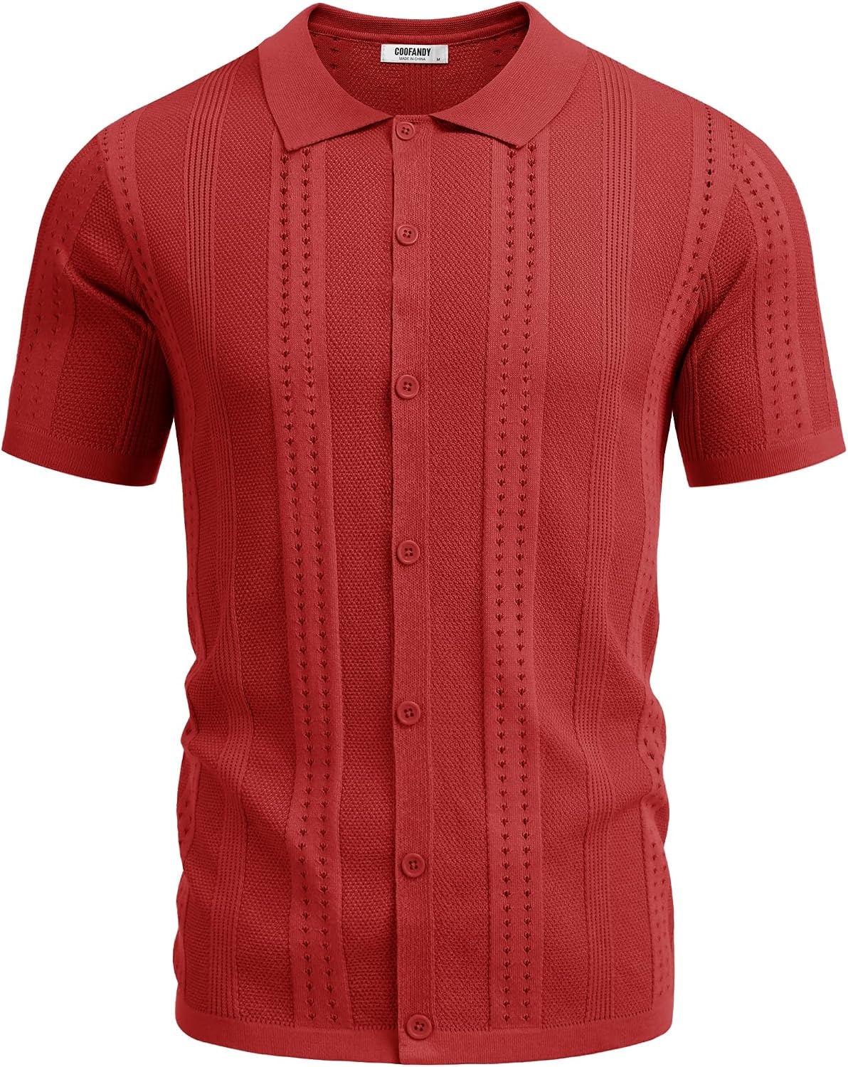 image:imageCOOFANDY Mens Knit Shirts Short Sleeve Button Down Polo Shirt Summer Beach Fashion Knitted Casual Shirt Breathable Hollow Out Lightweight Vacation Season StapleRed