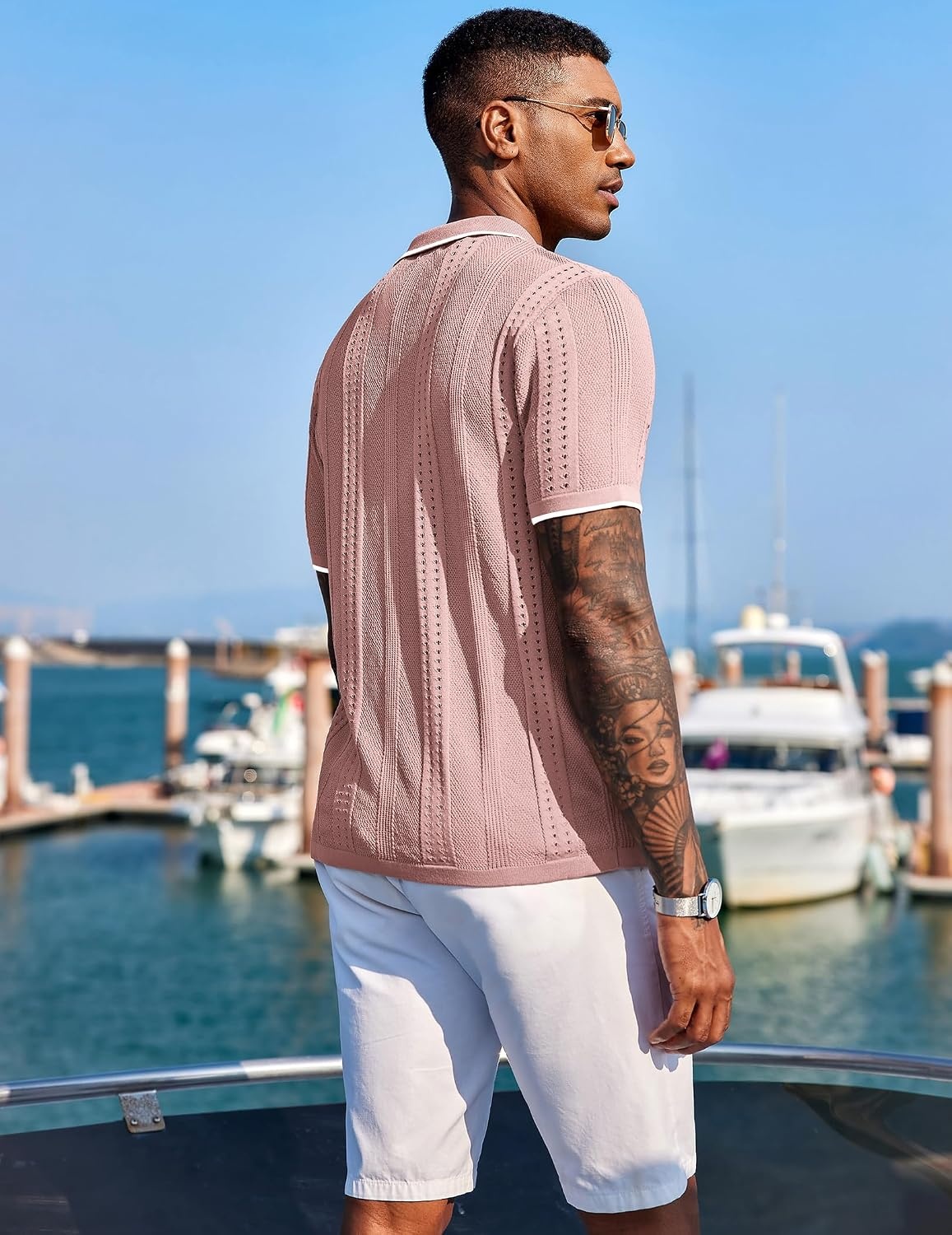 image:imageCOOFANDY Mens Knit Shirts Short Sleeve Button Down Polo Shirt Summer Beach Fashion Knitted Casual Shirt Breathable Hollow Out Lightweight Vacation Season StapleClassic Dusty Pink White