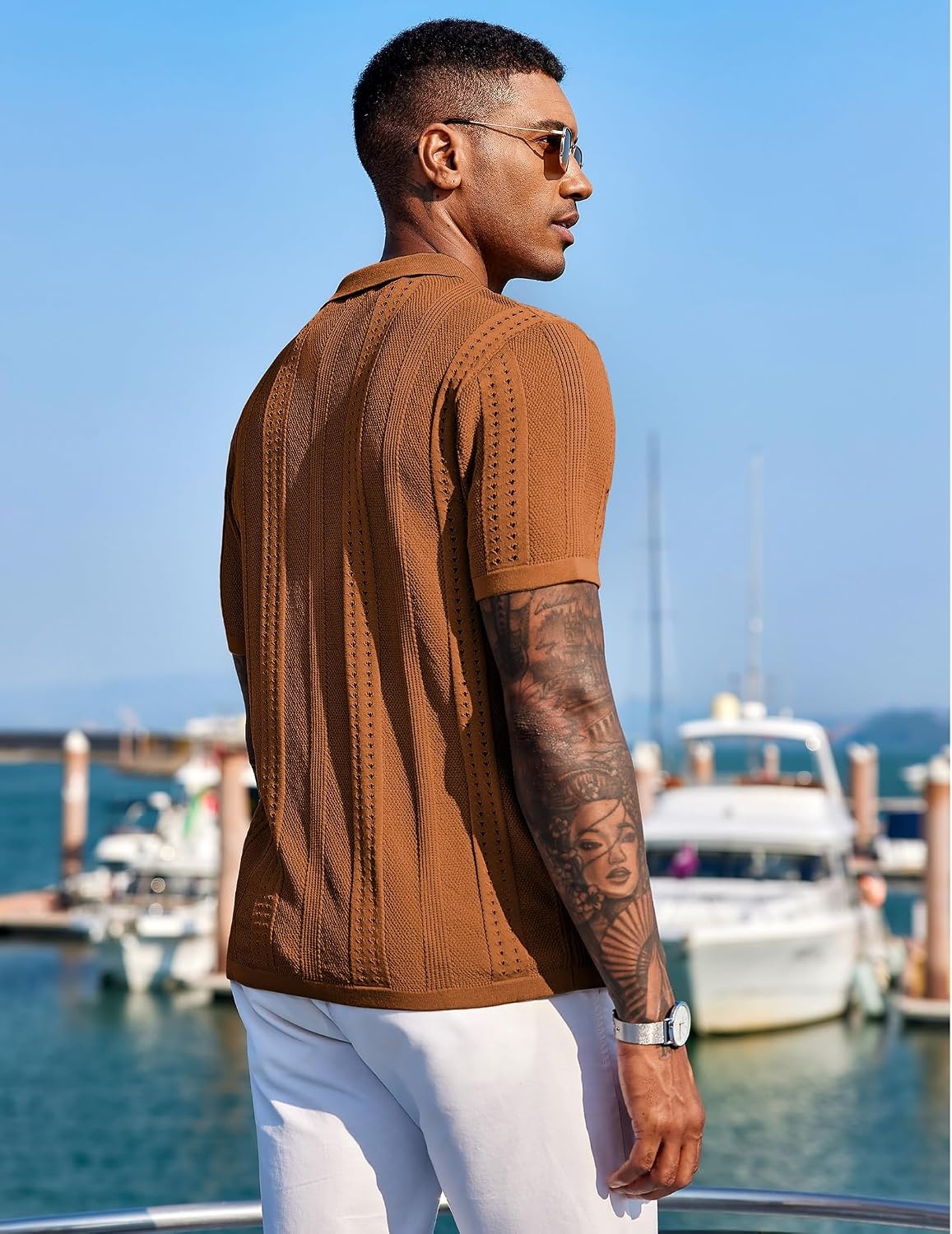 image:imageCOOFANDY Mens Knit Shirts Short Sleeve Button Down Polo Shirt Summer Beach Fashion Knitted Casual Shirt Breathable Hollow Out Lightweight Vacation Season StapleLight Brown