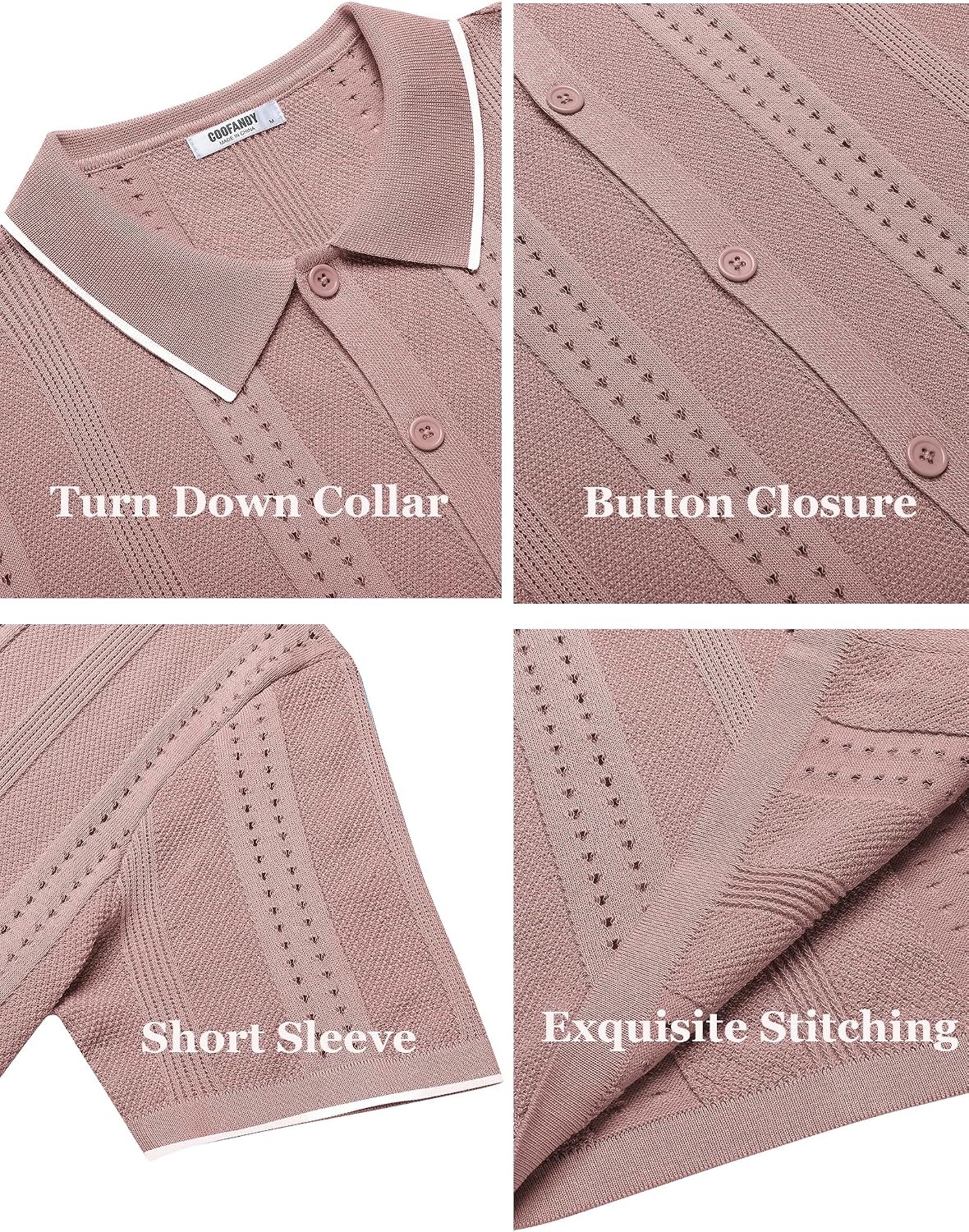 image:imageCOOFANDY Mens Knit Shirts Short Sleeve Button Down Polo Shirt Summer Beach Fashion Knitted Casual Shirt Breathable Hollow Out Lightweight Vacation Season StapleClassic Dusty Pink White