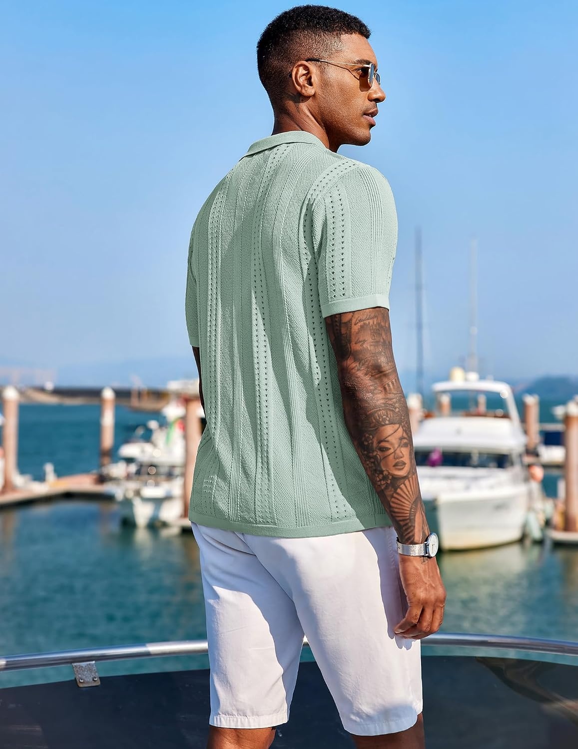 image:imageCOOFANDY Mens Knit Shirts Short Sleeve Button Down Polo Shirt Summer Beach Fashion Knitted Casual Shirt Breathable Hollow Out Lightweight Vacation Season StapleIce Green