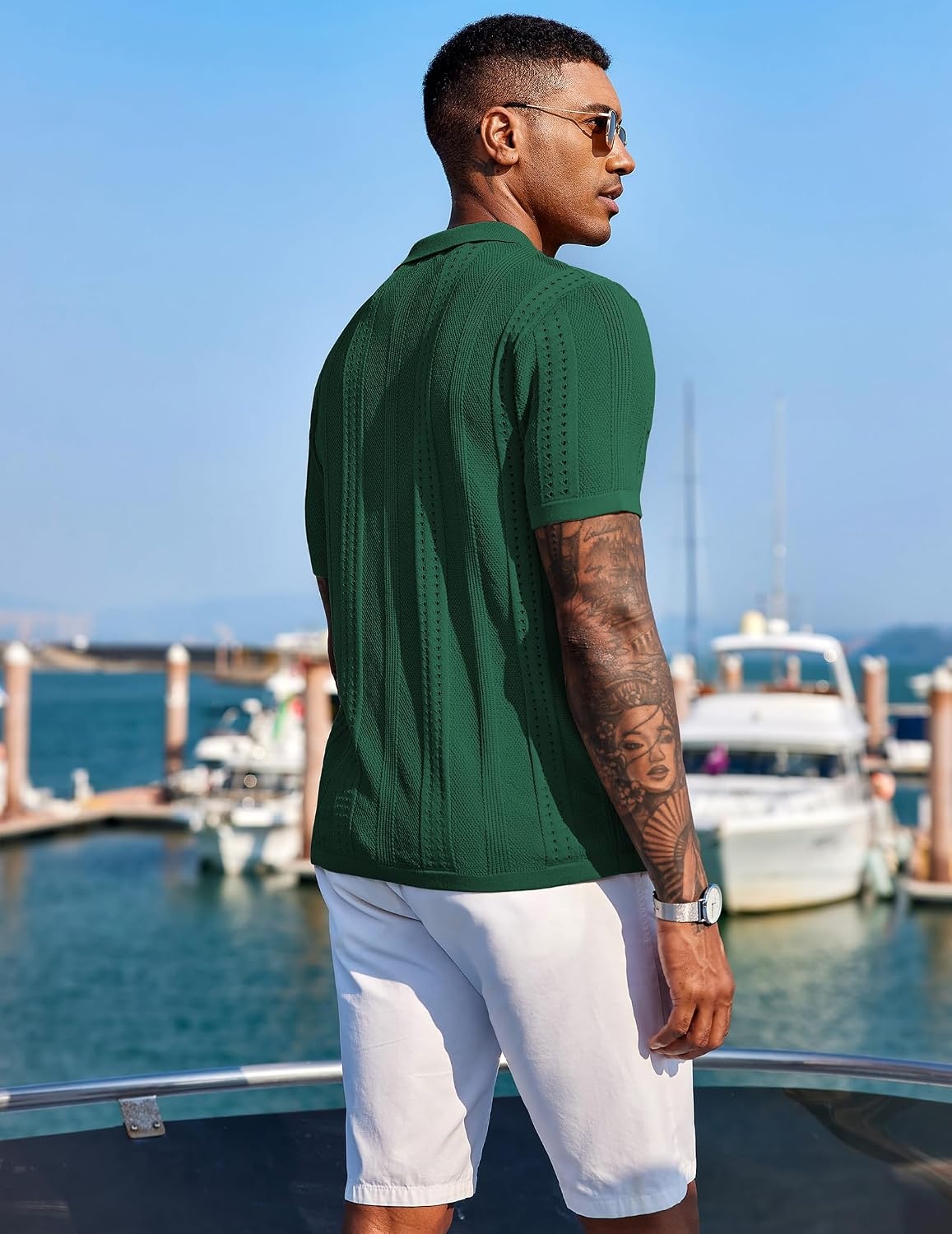 image:imageCOOFANDY Mens Knit Shirts Short Sleeve Button Down Polo Shirt Summer Beach Fashion Knitted Casual Shirt Breathable Hollow Out Lightweight Vacation Season StapleGreen