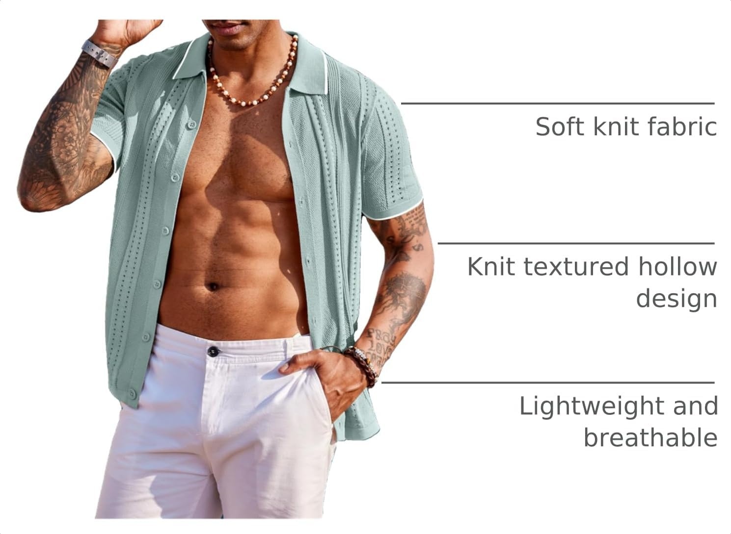 image:imageCOOFANDY Mens Knit Shirts Short Sleeve Button Down Polo Shirt Summer Beach Fashion Knitted Casual Shirt Breathable Hollow Out Lightweight Vacation Season StapleClassic Ice Green White