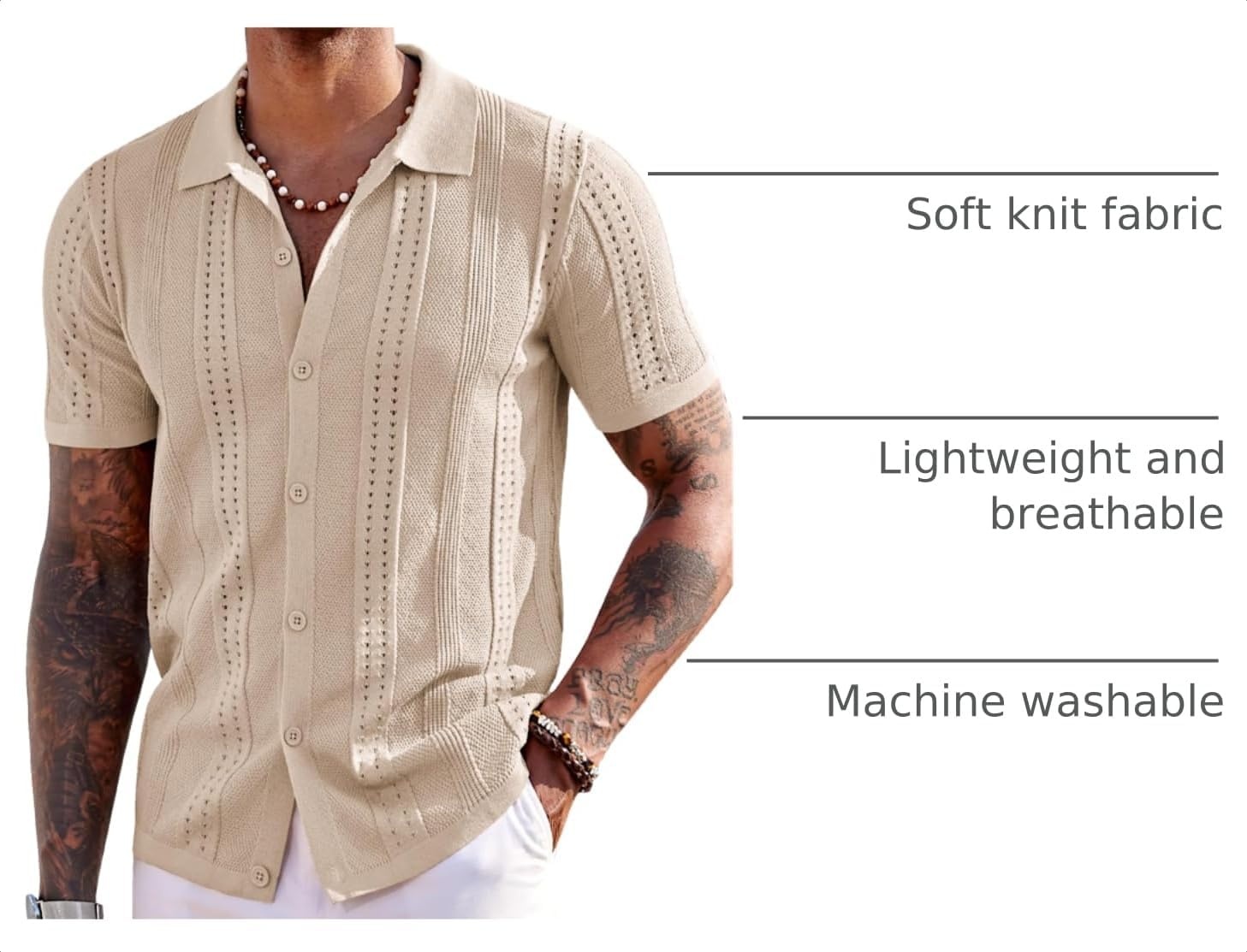 image:imageCOOFANDY Mens Knit Shirts Short Sleeve Button Down Polo Shirt Summer Beach Fashion Knitted Casual Shirt Breathable Hollow Out Lightweight Vacation Season StapleApricot