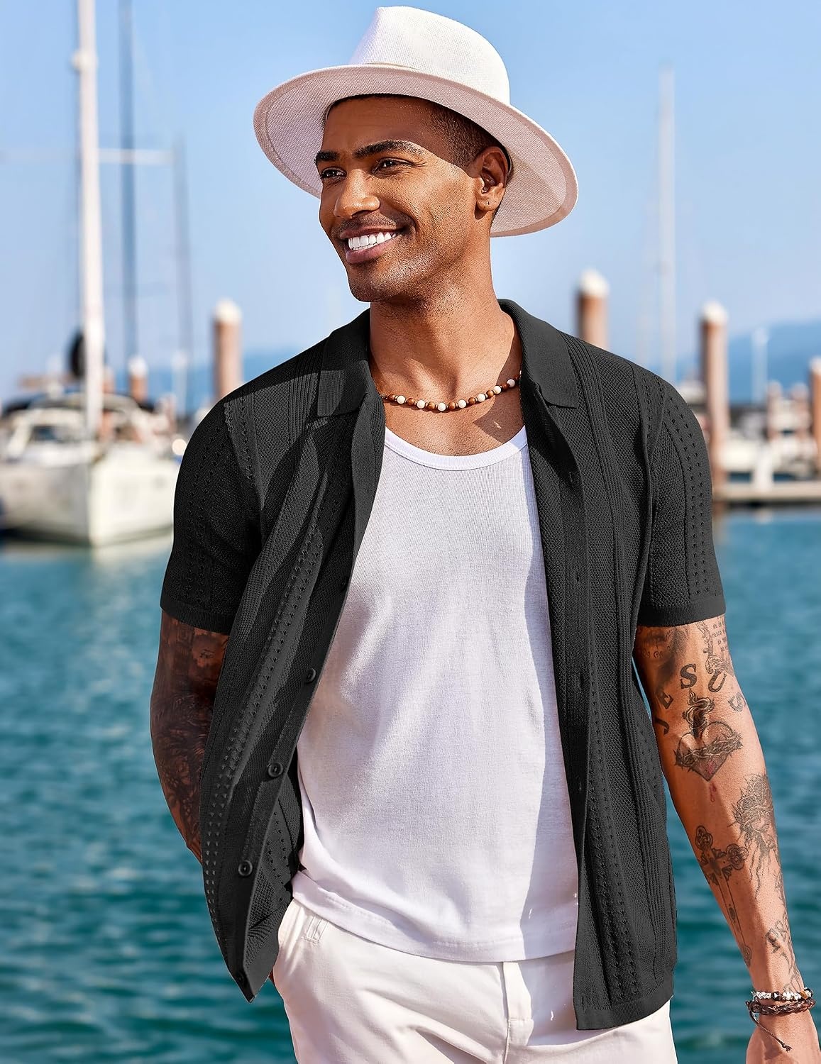 image:imageCOOFANDY Mens Knit Shirts Short Sleeve Button Down Polo Shirt Summer Beach Fashion Knitted Casual Shirt Breathable Hollow Out Lightweight Vacation Season StapleBlack