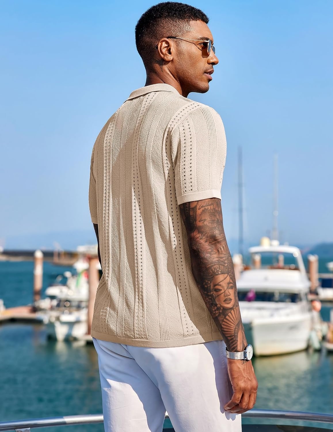 image:imageCOOFANDY Mens Knit Shirts Short Sleeve Button Down Polo Shirt Summer Beach Fashion Knitted Casual Shirt Breathable Hollow Out Lightweight Vacation Season StapleApricot