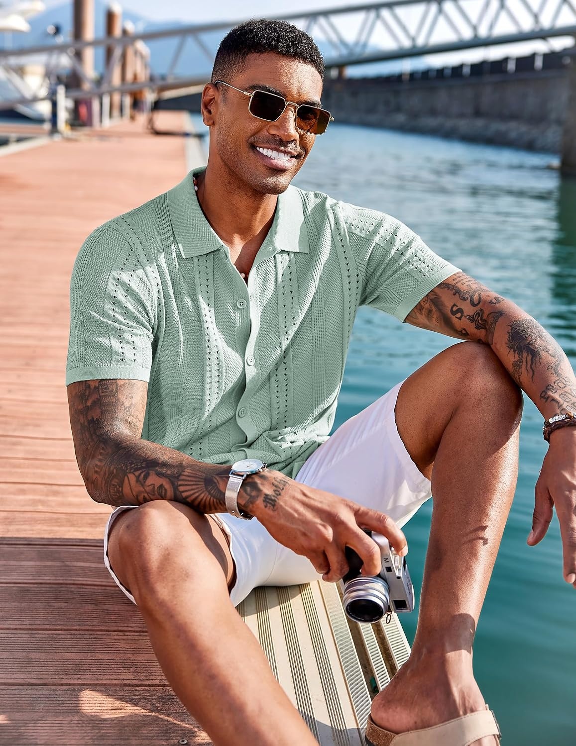 image:imageCOOFANDY Mens Knit Shirts Short Sleeve Button Down Polo Shirt Summer Beach Fashion Knitted Casual Shirt Breathable Hollow Out Lightweight Vacation Season StapleIce Green