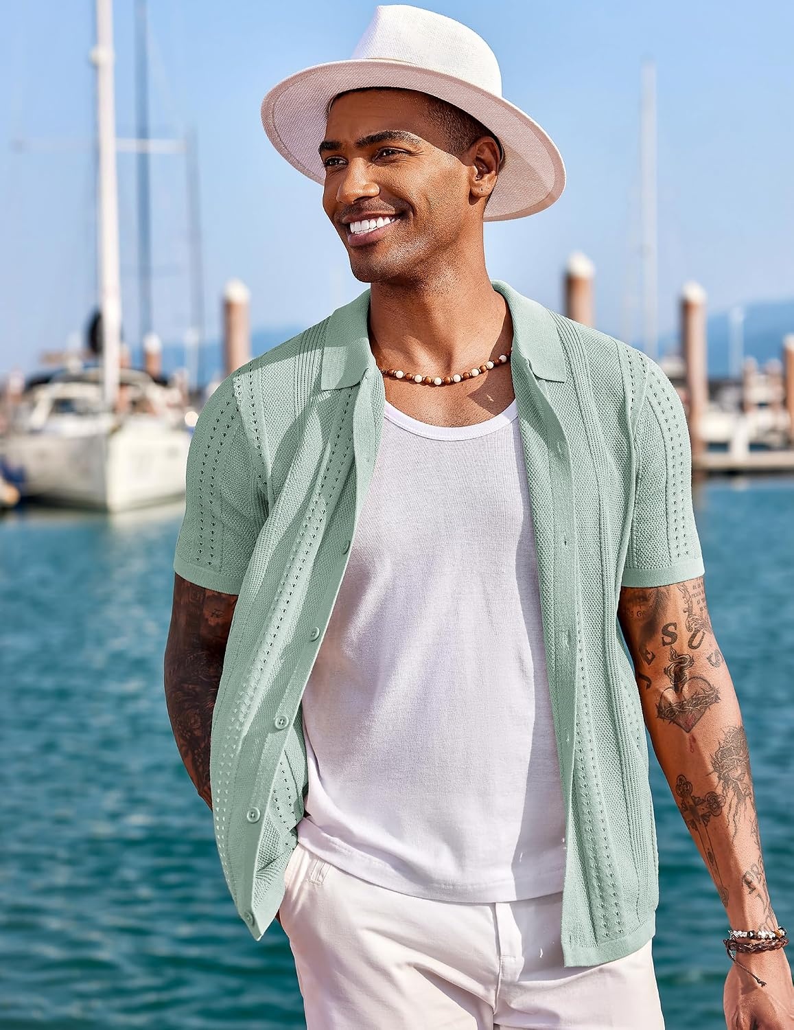 image:imageCOOFANDY Mens Knit Shirts Short Sleeve Button Down Polo Shirt Summer Beach Fashion Knitted Casual Shirt Breathable Hollow Out Lightweight Vacation Season StapleIce Green