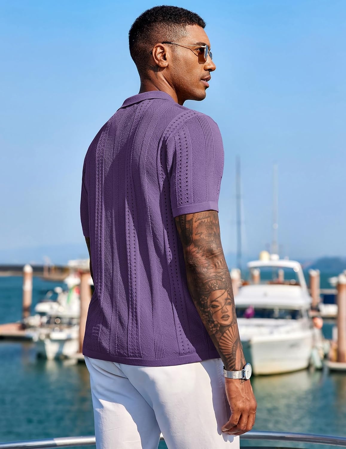 image:imageCOOFANDY Mens Knit Shirts Short Sleeve Button Down Polo Shirt Summer Beach Fashion Knitted Casual Shirt Breathable Hollow Out Lightweight Vacation Season StaplePurple
