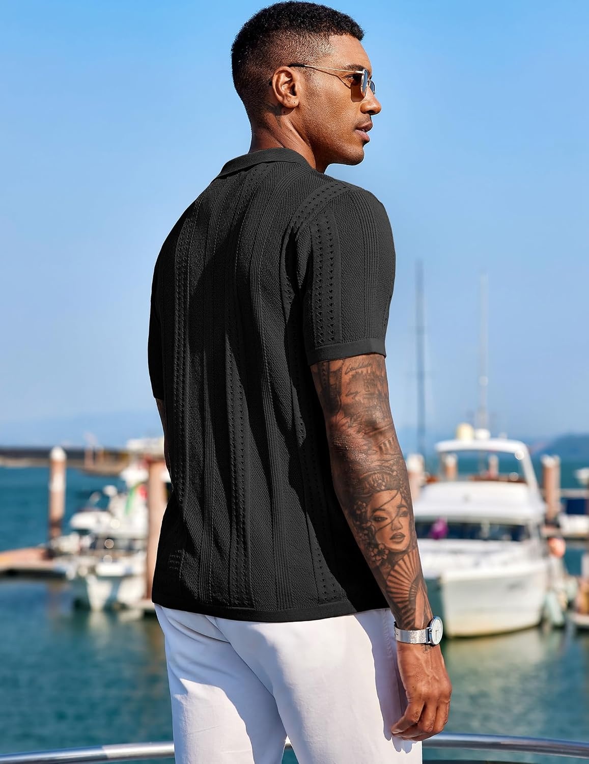 image:imageCOOFANDY Mens Knit Shirts Short Sleeve Button Down Polo Shirt Summer Beach Fashion Knitted Casual Shirt Breathable Hollow Out Lightweight Vacation Season StapleBlack