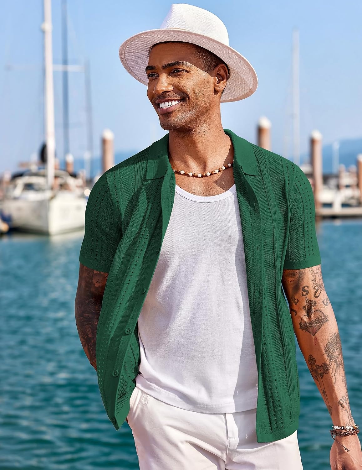 image:imageCOOFANDY Mens Knit Shirts Short Sleeve Button Down Polo Shirt Summer Beach Fashion Knitted Casual Shirt Breathable Hollow Out Lightweight Vacation Season StapleGreen