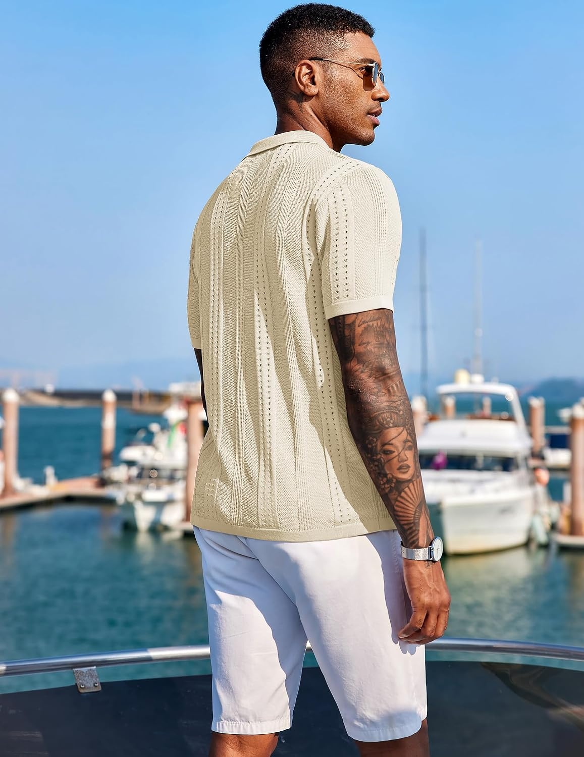 image:imageCOOFANDY Mens Knit Shirts Short Sleeve Button Down Polo Shirt Summer Beach Fashion Knitted Casual Shirt Breathable Hollow Out Lightweight Vacation Season StapleCream