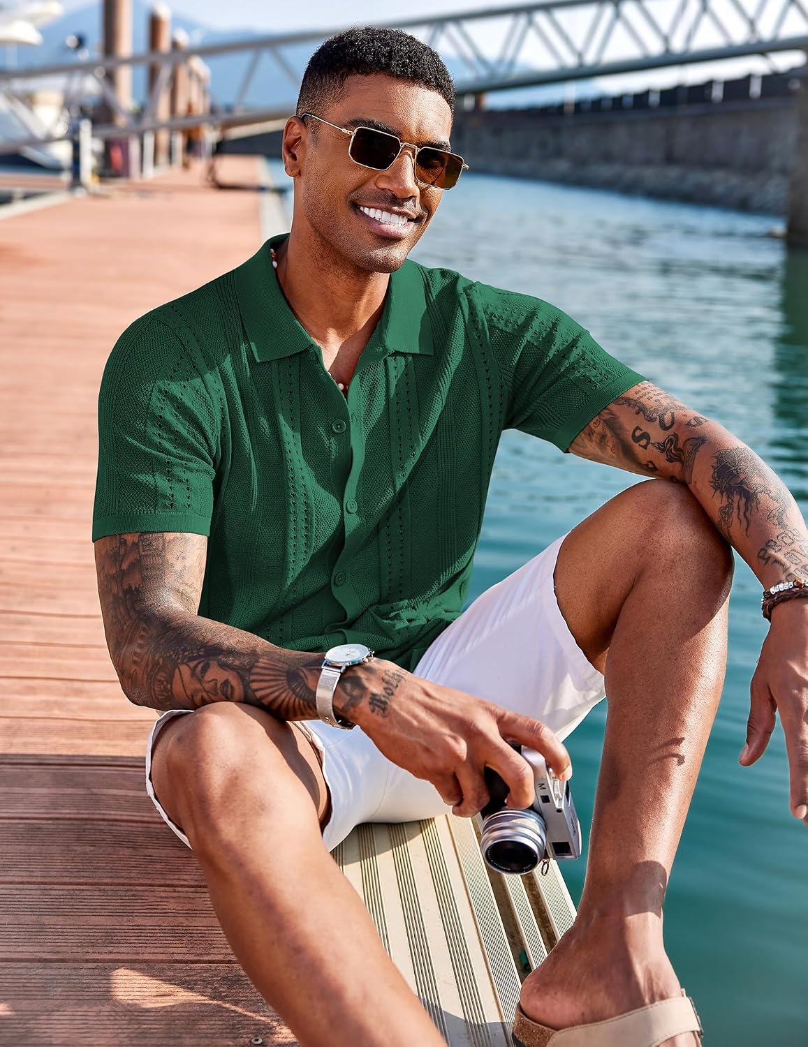 image:imageCOOFANDY Mens Knit Shirts Short Sleeve Button Down Polo Shirt Summer Beach Fashion Knitted Casual Shirt Breathable Hollow Out Lightweight Vacation Season StapleGreen